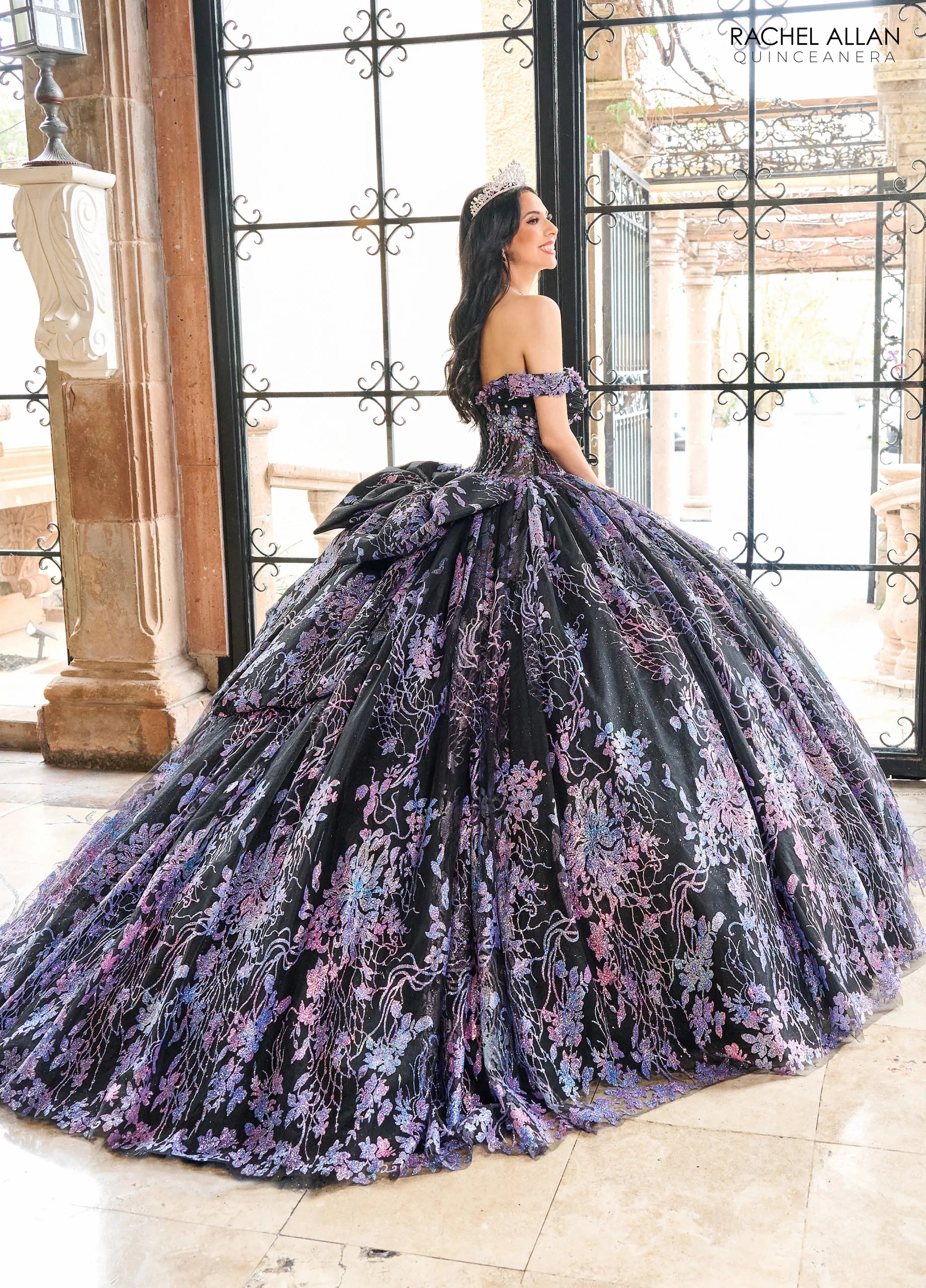 Black Multi Off the Shoulder Floor Length Glitter Tulle Quinceanera Ball Gown Rachel Allan RQ1146