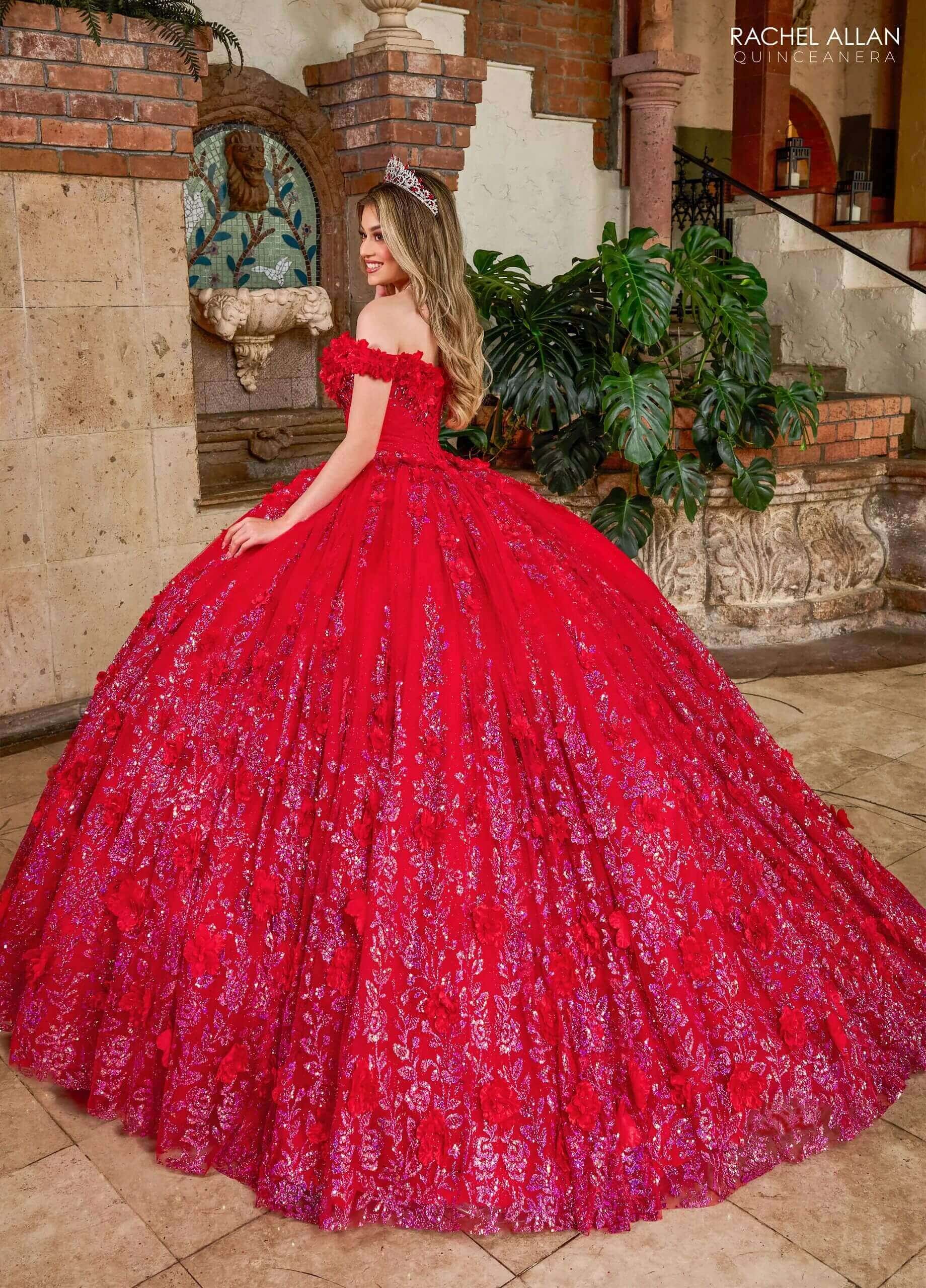 Red Fuchsia Off the Shoulder Floor Length Tulle Quinceanera Ball Gown with Floral Appliqué Rachel Allan RQ1141