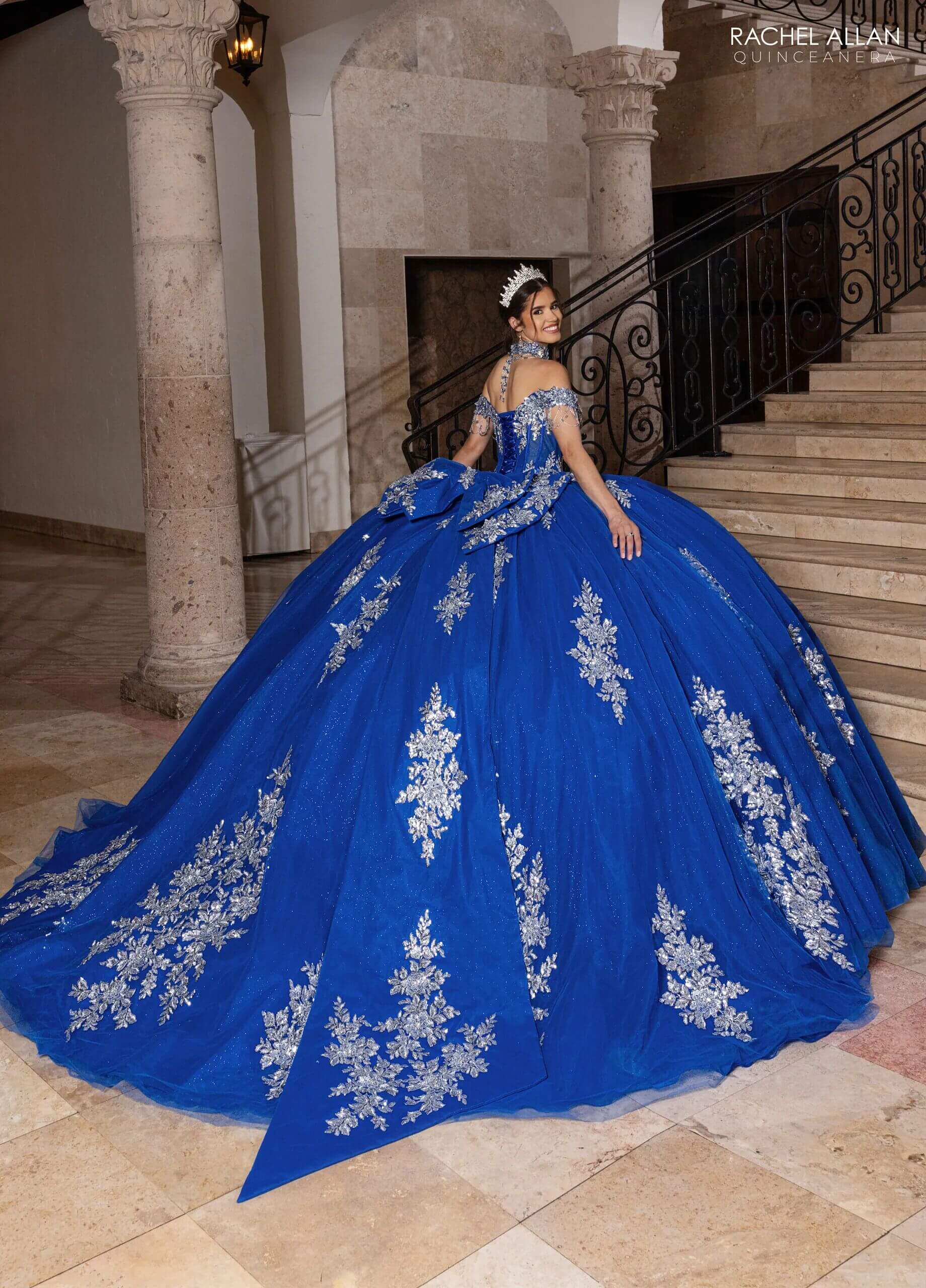 Royal Silver Off the Shoulder Floor Length Glitter Tulle Quinceanera Ball Gown Rachel Allan RQ1183