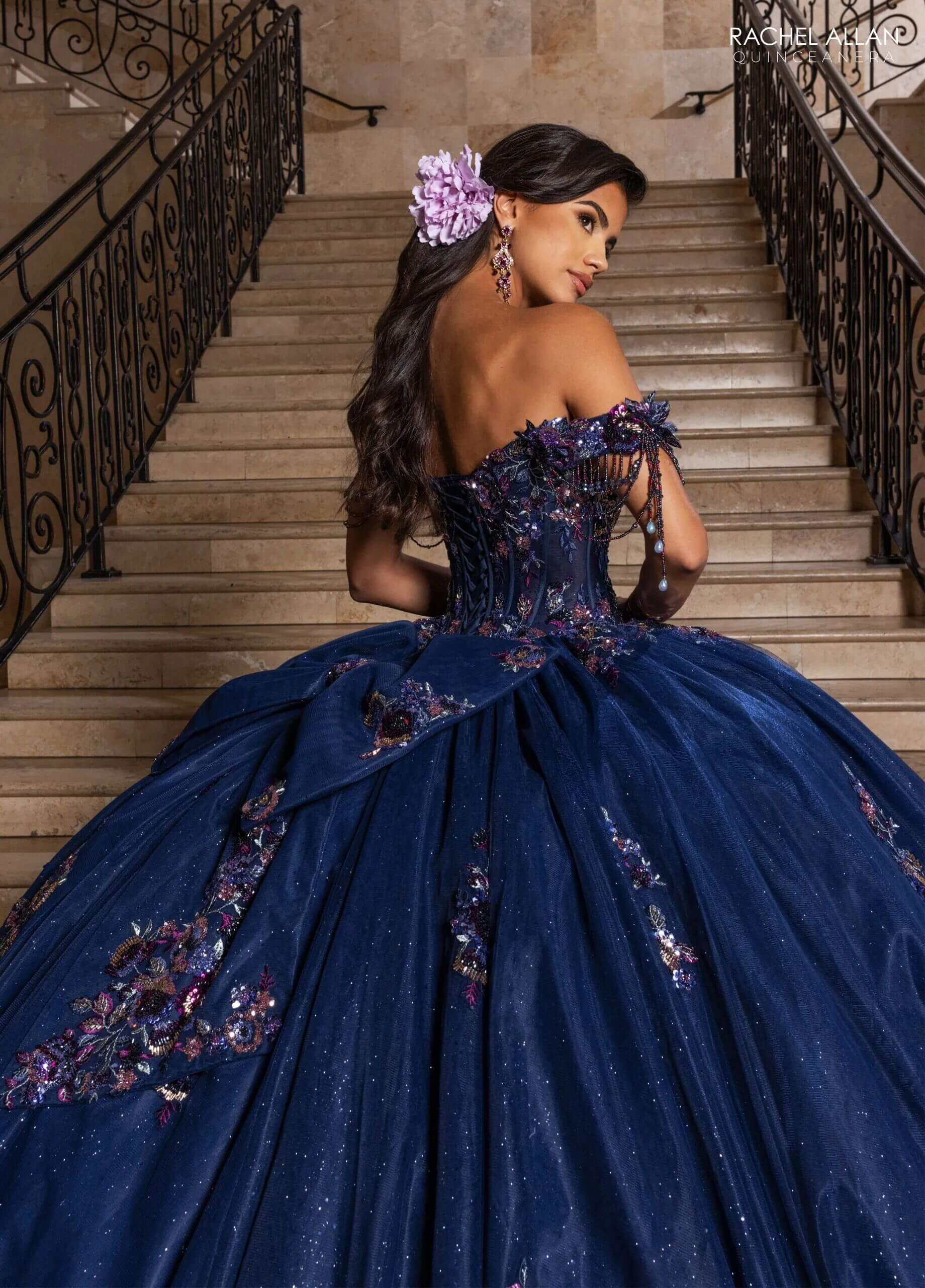 Navy Multi Off the Shoulder Floor Length Glitter Tulle Quinceanera Ball Gown with Floral Applique Rachel Allan RQ1184