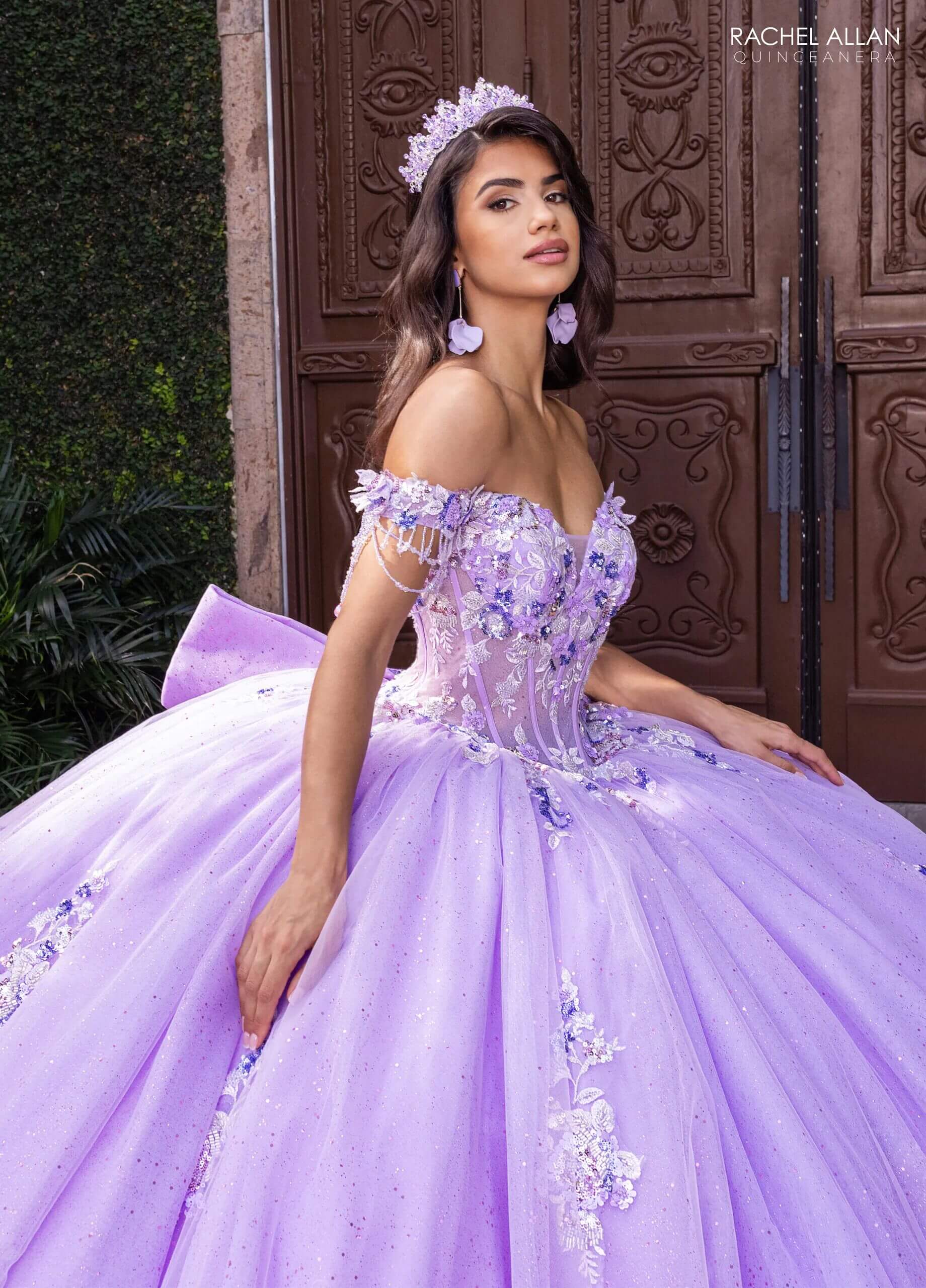 Lilac Multi Off the Shoulder Floor Length Glitter Tulle Quinceanera Ball Gown with Floral Applique Rachel Allan RQ1184