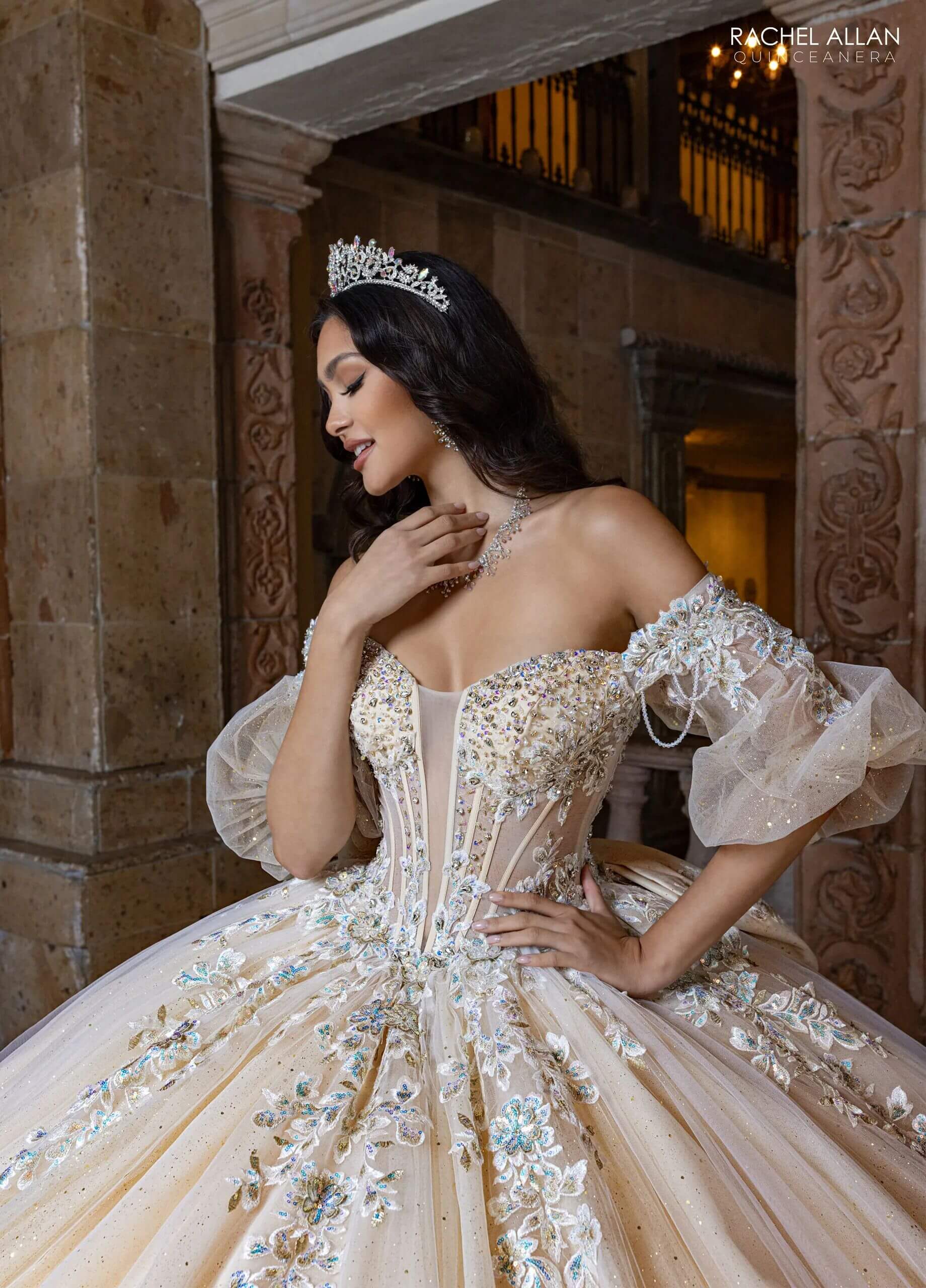 Ivory Champagne Sweetheart Floor Length Glitter Tulle Quinceanera Ball Gown with Detachable Puff Sleeves and Bow Rachel Allan RQ1165