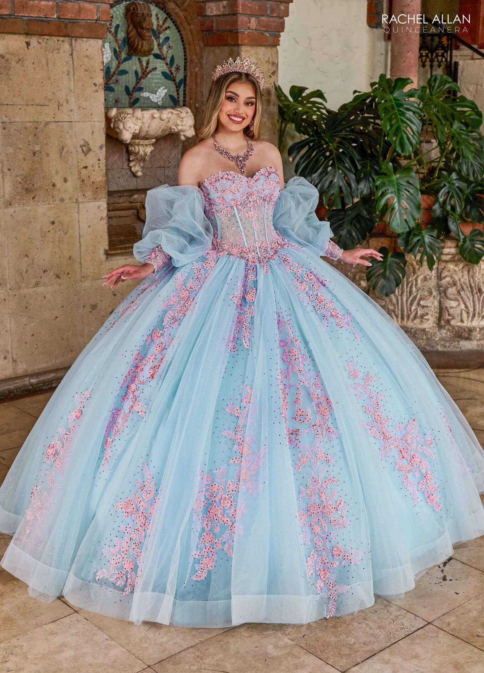 Light Blue Pink Off the Shoulder Floor Length Tulle Quinceanera Ball Gown with Puff Sleeves Rachel Allan RQ1140