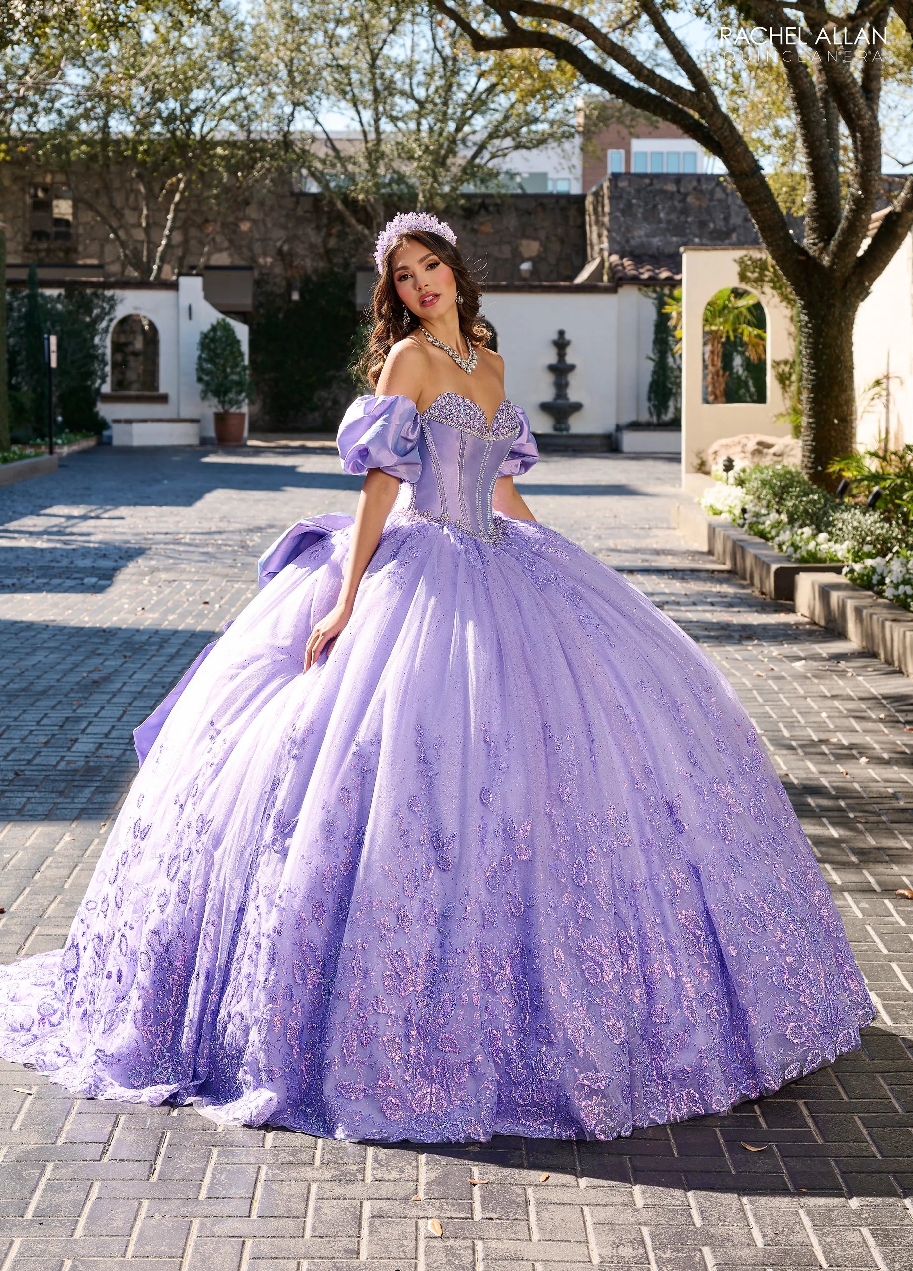 Lilac Sweetheart Floor Length Tulle Quinceanera Ball Gown with Puff Sleeves Rachel Allan RQ1142