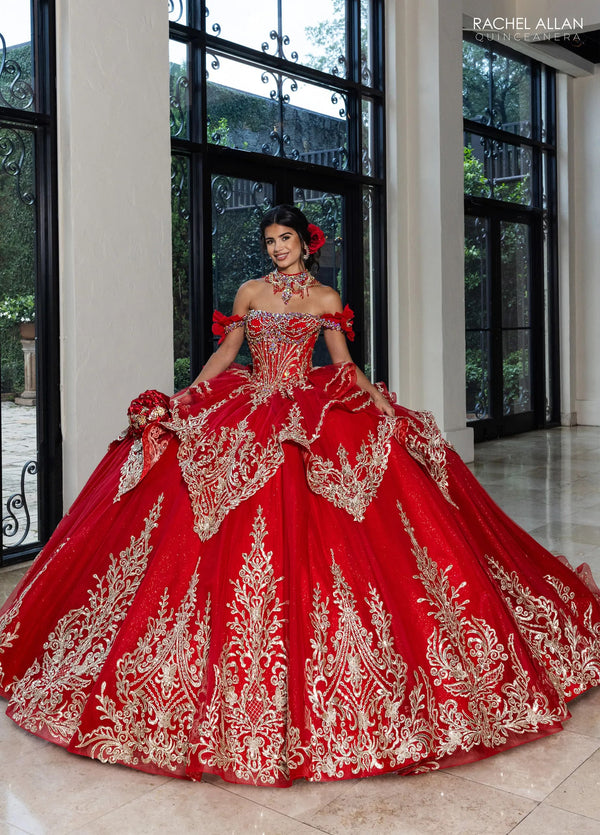 Off the Shoulder Floor-Length Glitter Tulle Quinceanera Ball-Gown with Detachable Bow Rachel Allan RQ1180