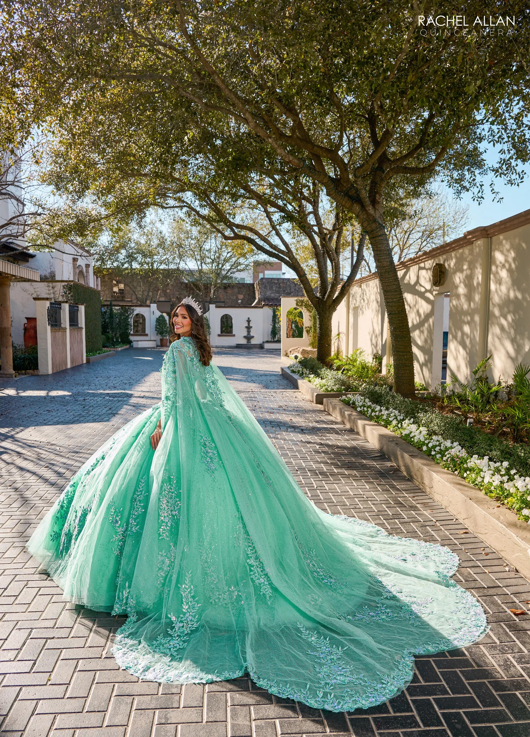 Mint Multi Sweetheart Floor Length Tulle Quinceanera Ball Gown with Floral Applique Rachel Allan RQ1148