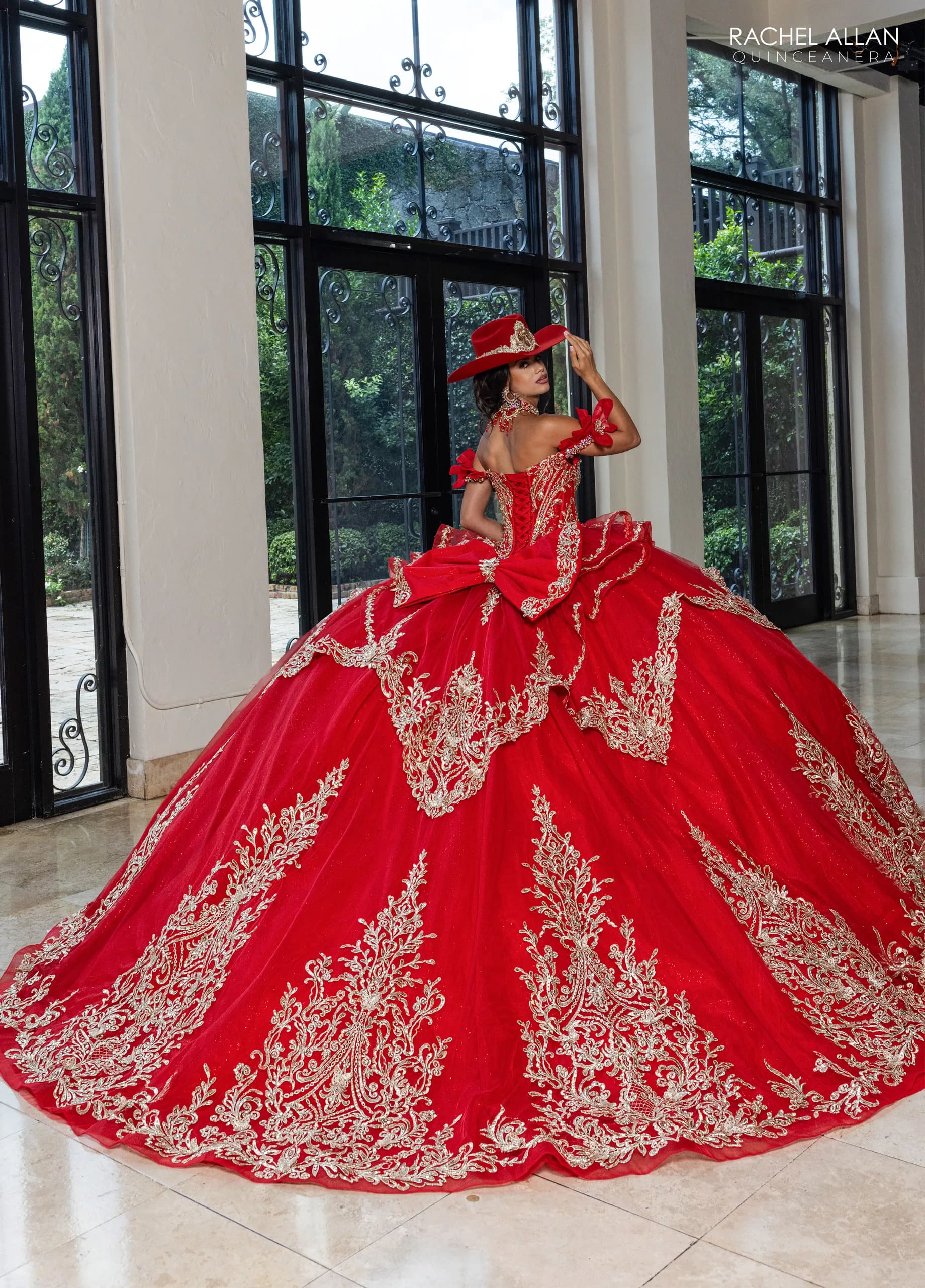 Deep Red Gold Off the Shoulder Floor-Length Glitter Tulle Quinceanera Ball-Gown with Detachable Bow Rachel Allan RQ1180