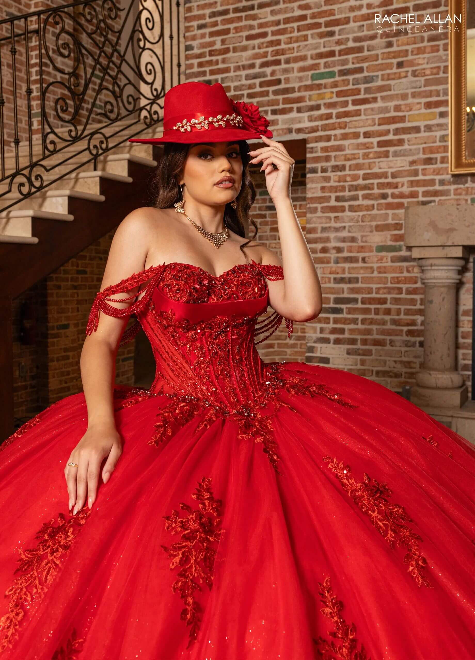Deep Red Off the Shoulder Floor Length Glitter Tulle Quinceanera Ball Gown with Detachable Bow Rachel Allan RQ1187
