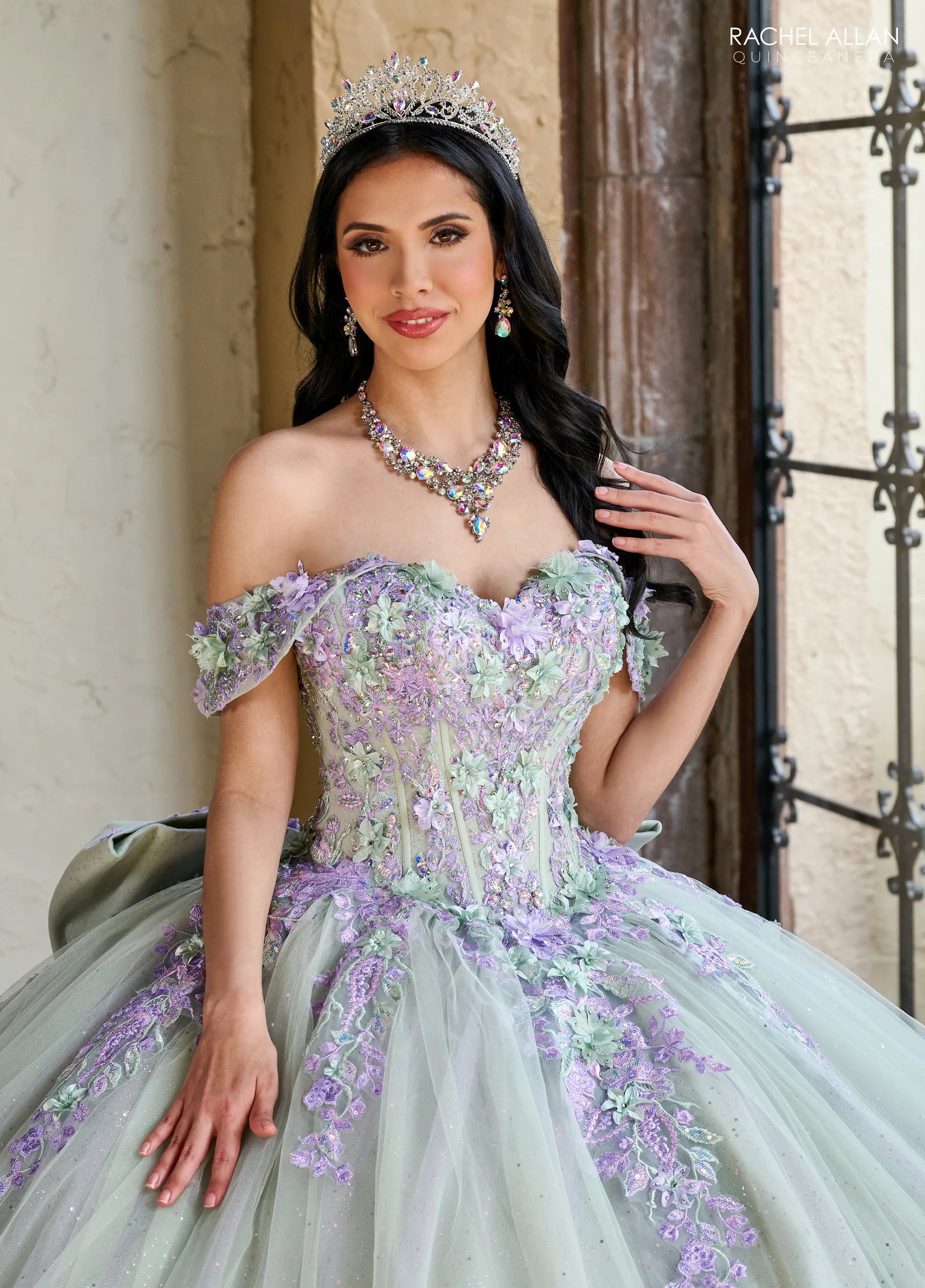 Sage Multi Off the Shoulder Floor Length Glitter Tulle Quinceanera Ball Gown with Floral Embroidery Rachel Allan RQ1153