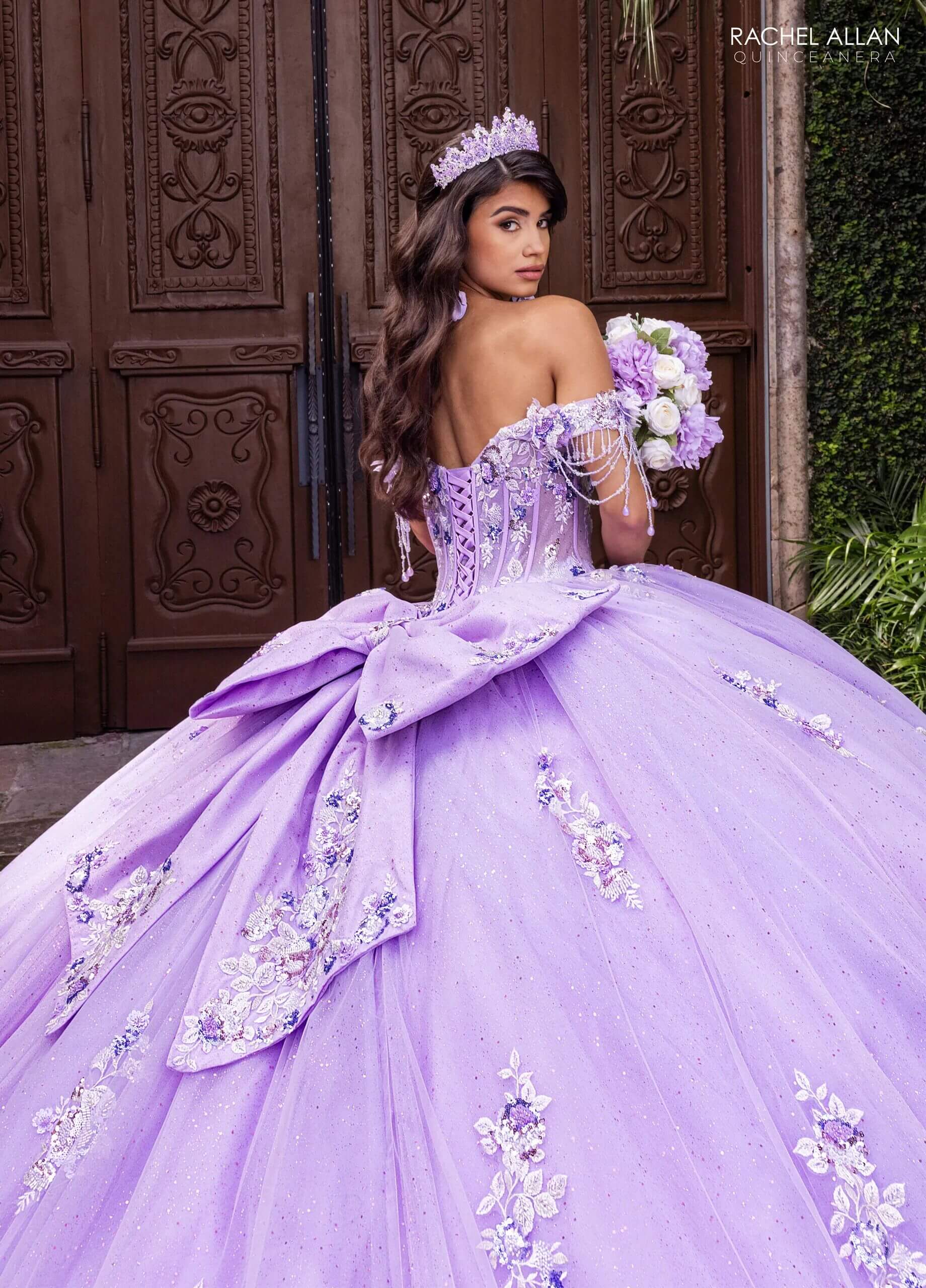 Lilac Multi Off the Shoulder Floor Length Glitter Tulle Quinceanera Ball Gown with Floral Applique Rachel Allan RQ1184