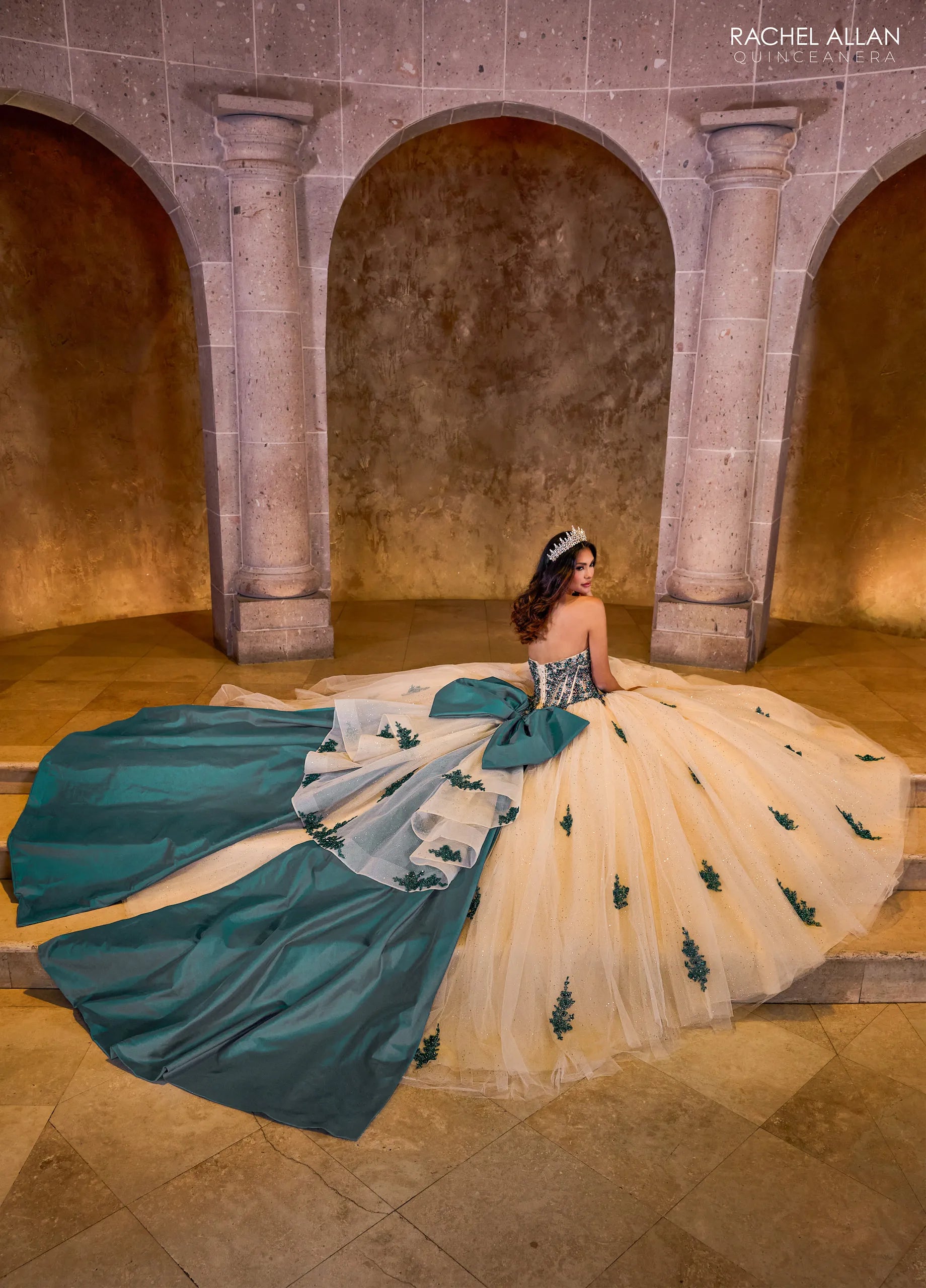 Champagne Peacock Sweetheart Floor Length Glitter Tulle Quinceanera Ball Gown with Detachable Bow Rachel Rachel Allan RQ1152