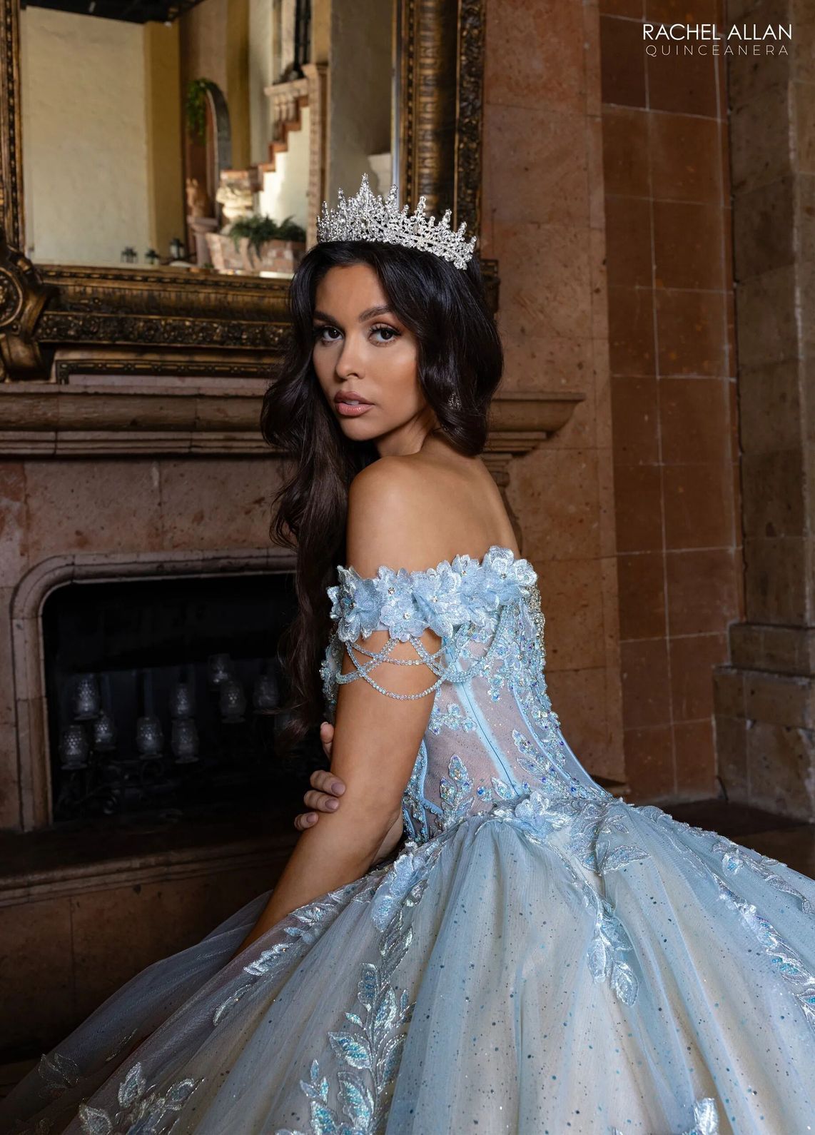 Powder Blue Champagne Sweetheart Floor Length Glitter Tulle Quinceanera Ball Gown with Floral Applique Rachel Allan RQ1166