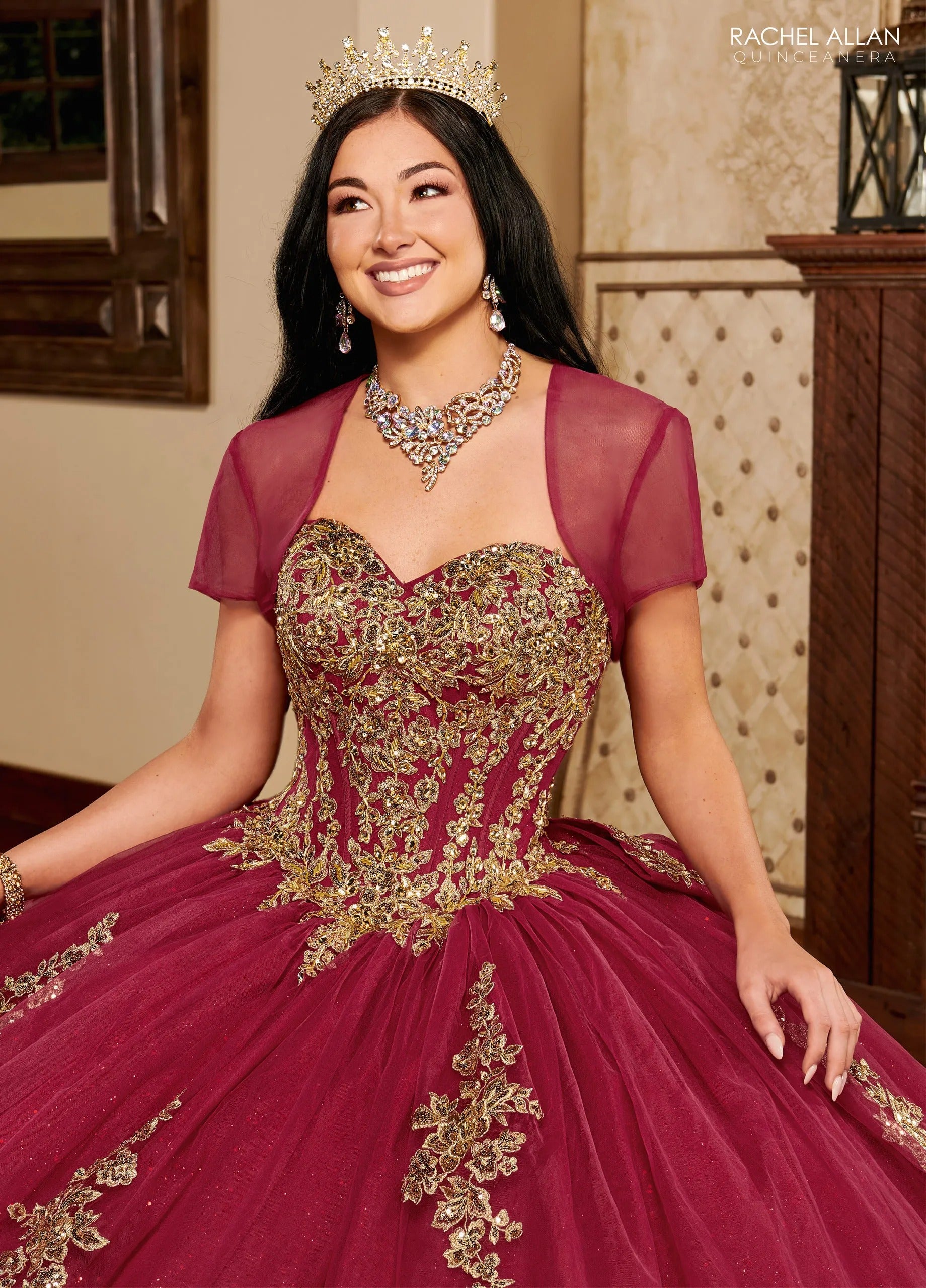 Burgundy Gold Sweetheart Floor Length Glitter Tulle Quinceanera Ball Gown with Corset Back Rachel Allan MQ1109