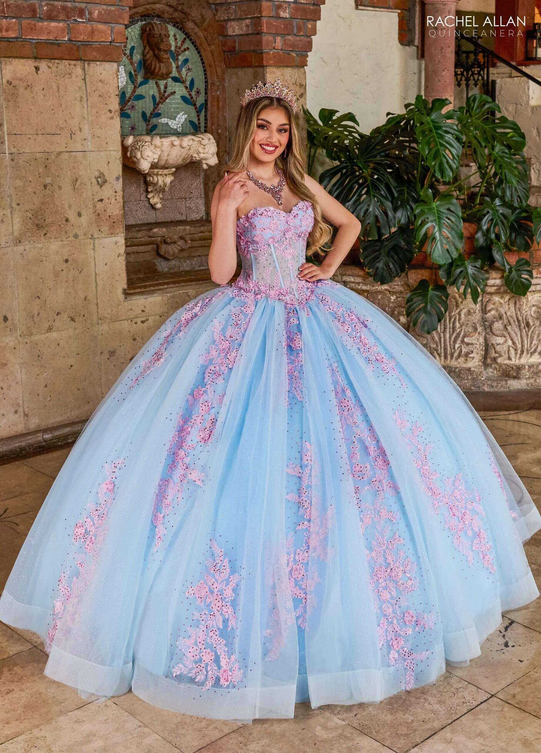Light Blue Pink Off the Shoulder Floor Length Tulle Quinceanera Ball Gown with Puff Sleeves Rachel Allan RQ1140
