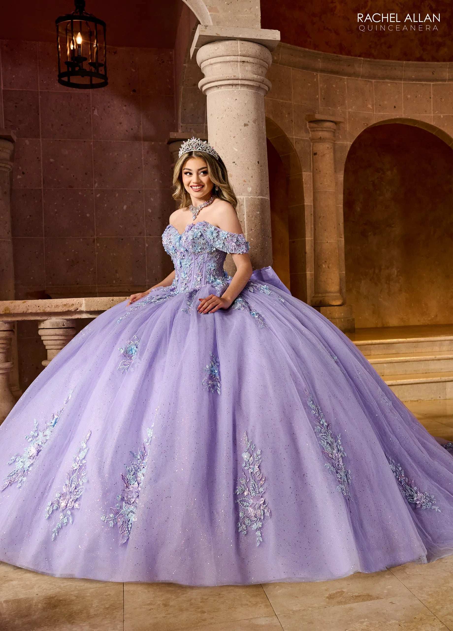 Lilac Multi Off the Shoulder Floor Length Glitter Tulle Quinceanera Ball Gown with Floral Embroidery Rachel Allan RQ1153