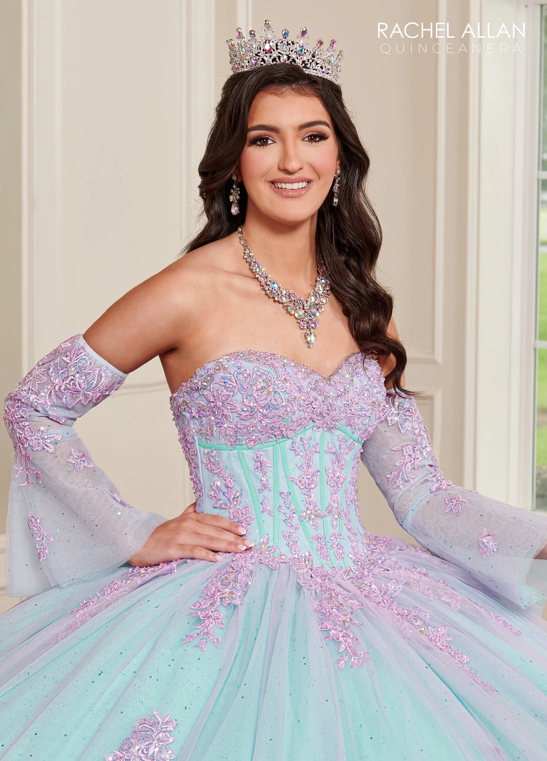 Lilac Aqua Sweetheart Floor-Length Glitter Tulle Quinceanera Ball Gown with Detachable Bell Sleeves Rachel Allan RQ1120