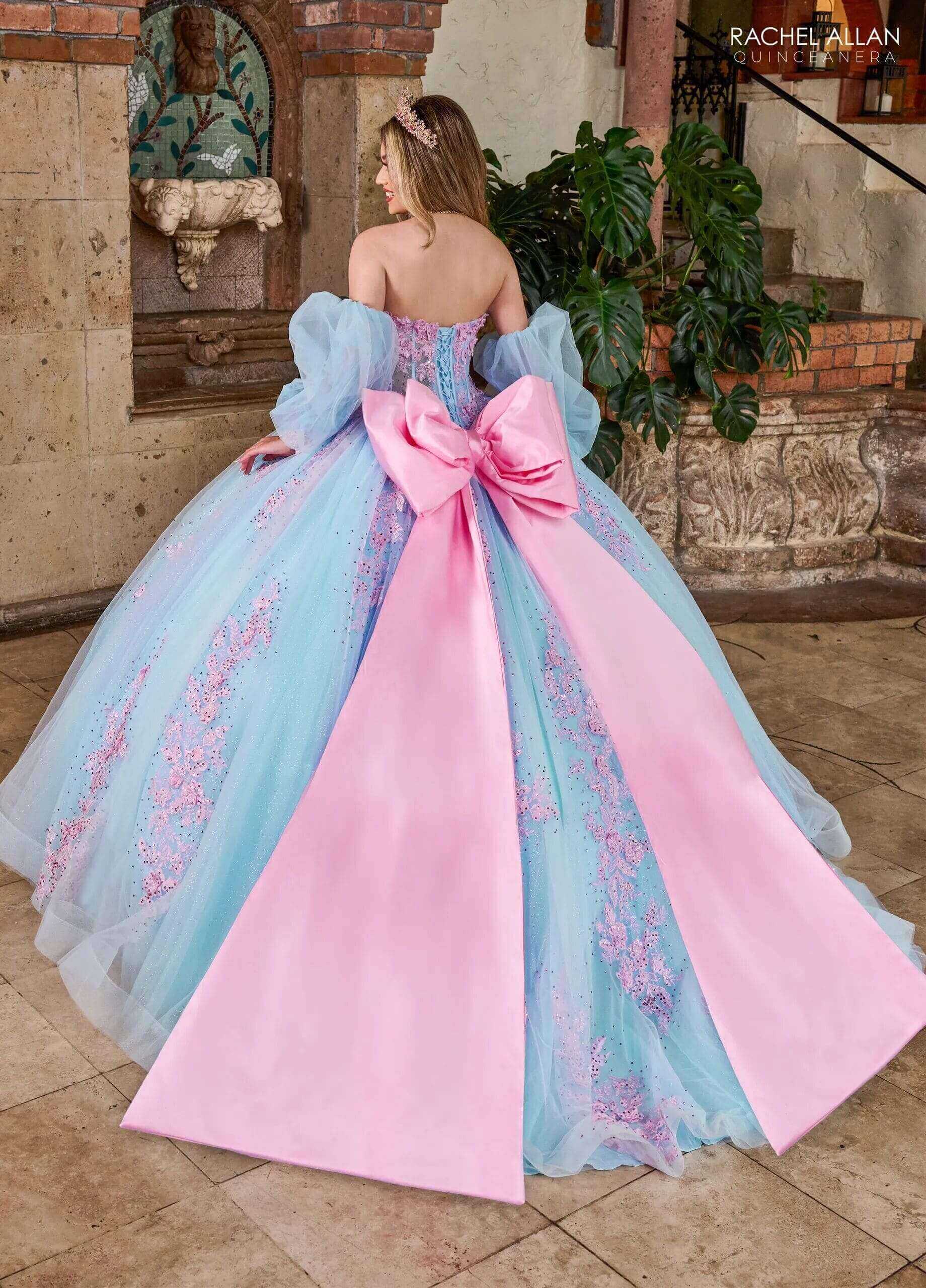 Light Blue Pink Off the Shoulder Floor Length Tulle Quinceanera Ball Gown with Puff Sleeves Rachel Allan RQ1140