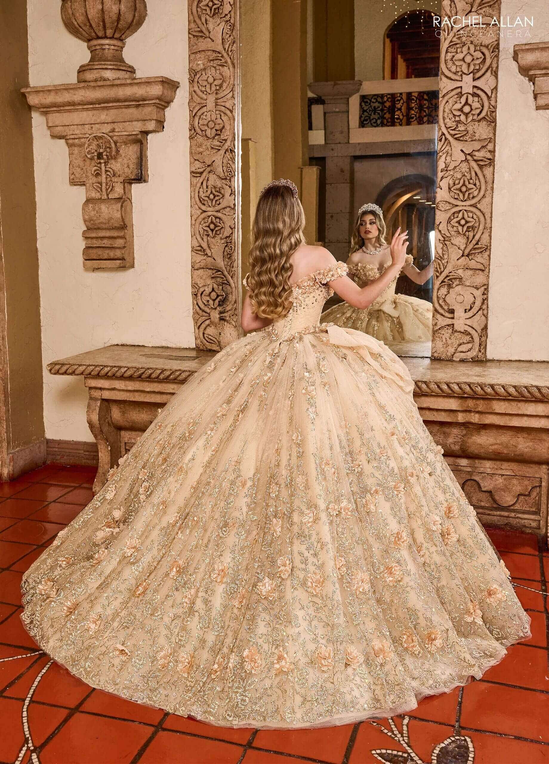 Champagne Gold Off the Shoulder Floor Length Tulle Quinceanera Ball Gown with Floral Appliqué Rachel Allan RQ1141