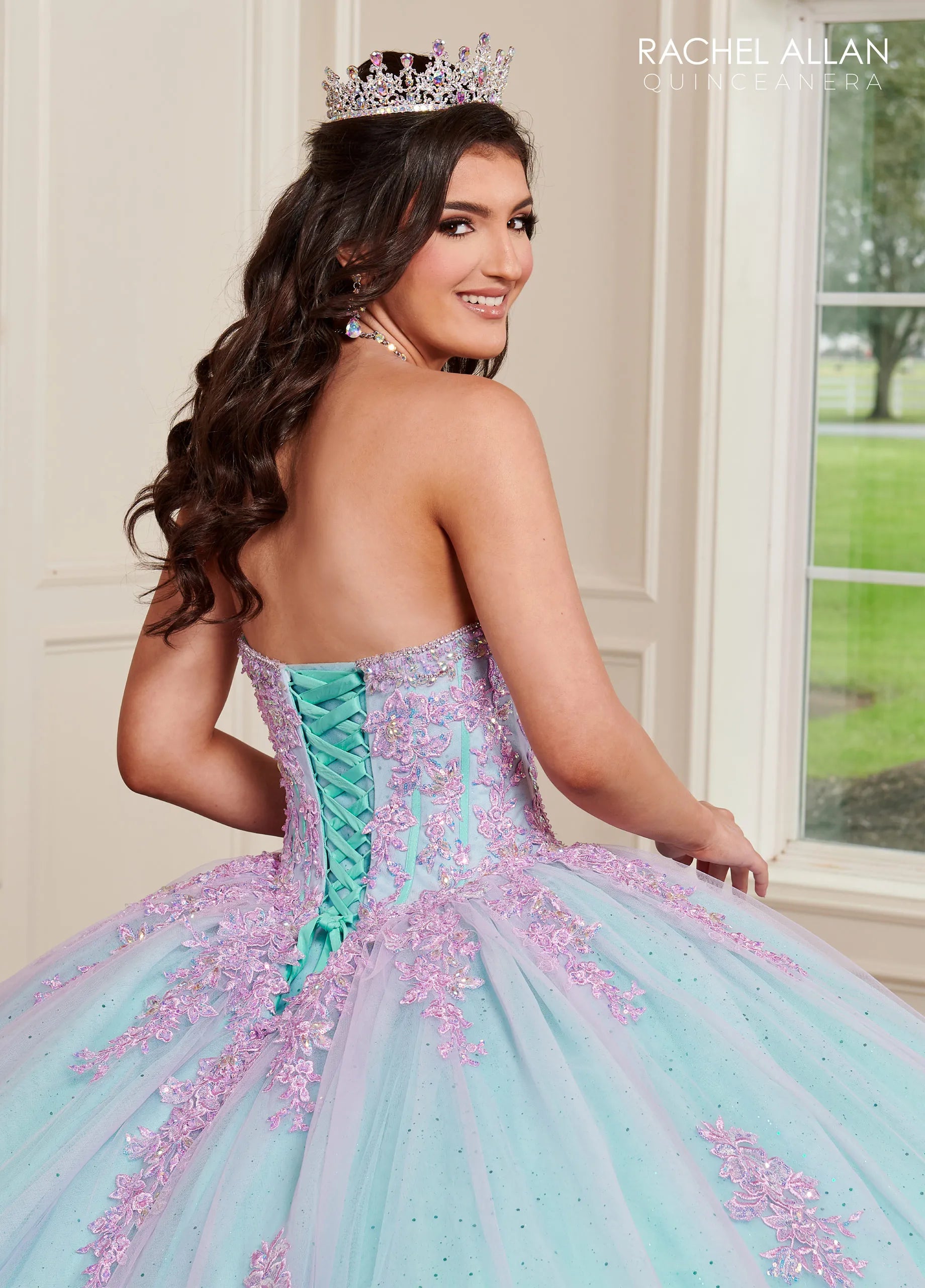 Lilac Aqua Sweetheart Floor-Length Glitter Tulle Quinceanera Ball Gown with Detachable Bell Sleeves Rachel Allan RQ1120