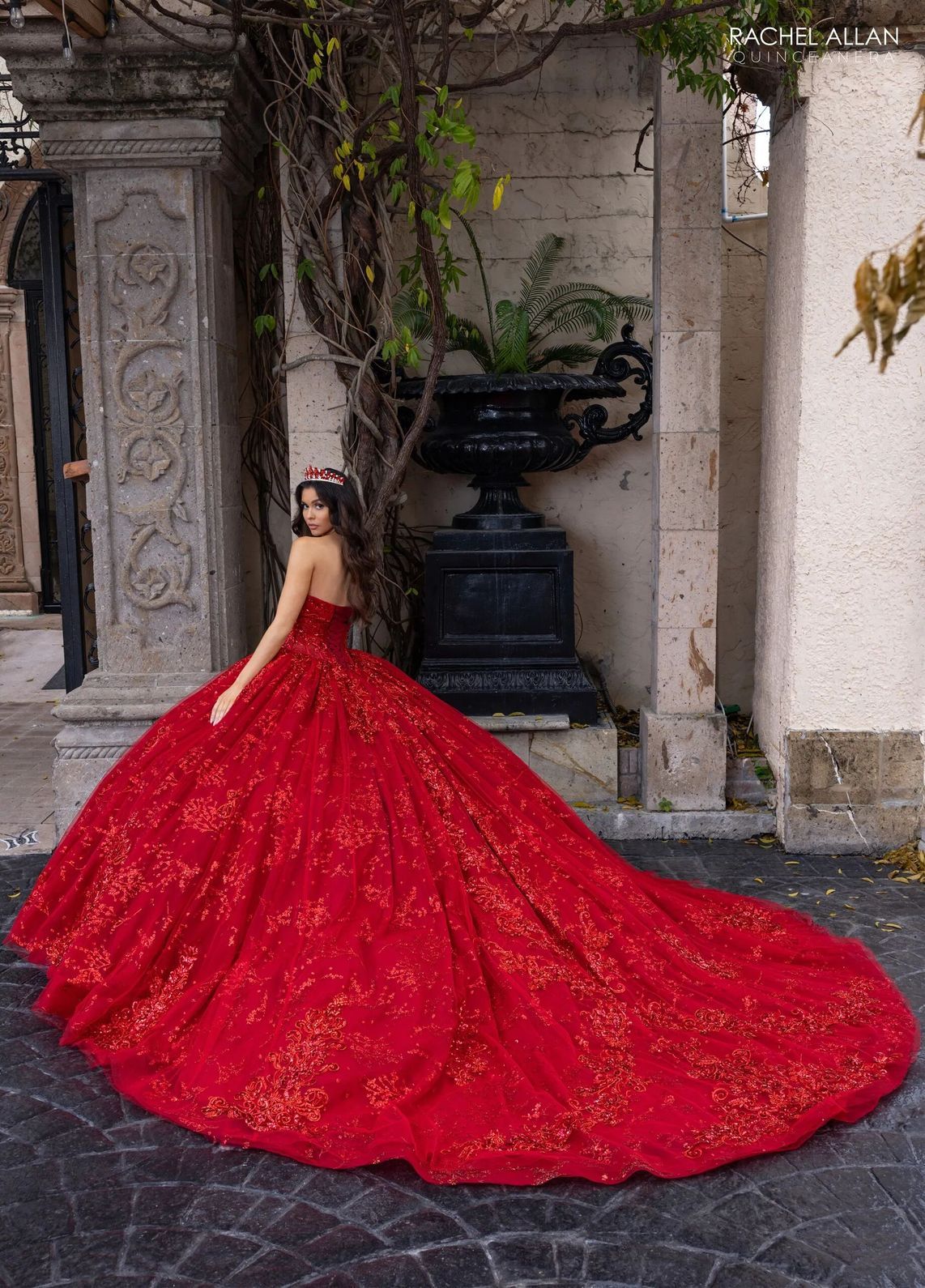 Deep Red High Neck Floor Length Glitter Tulle Quinceanera Ball Gown with Detachable Sleeves Rachel Allan RQ1172