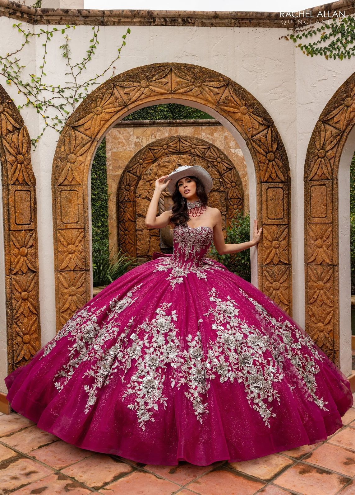 Burgundy Gunmetal Sweetheart Floor Length Glitter Tulle Quinceanera Ball Gown with 3D Floral Applique Rachel Allan RQ1168