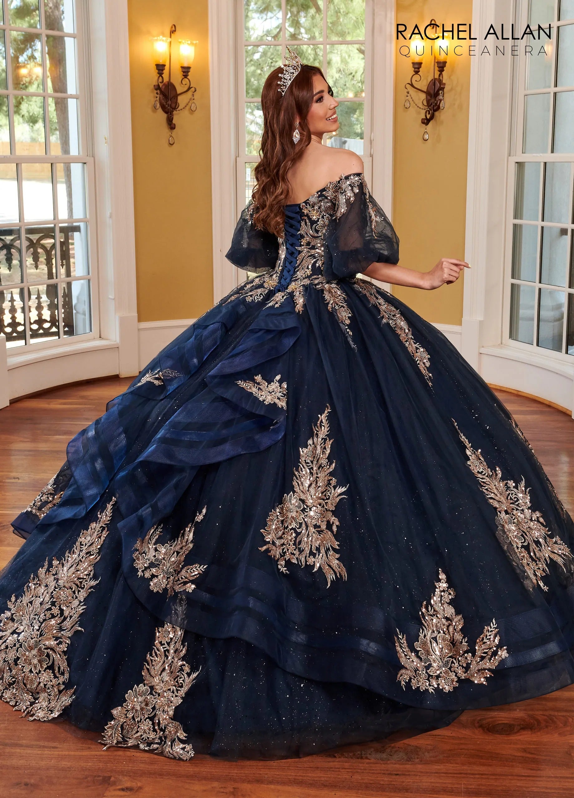  Navy Rose Gold Off the Shoulder Floor Length Glitter Tulle Quinceanera Ball Gown with Puff Sleeves Rachel Allan RQ1110