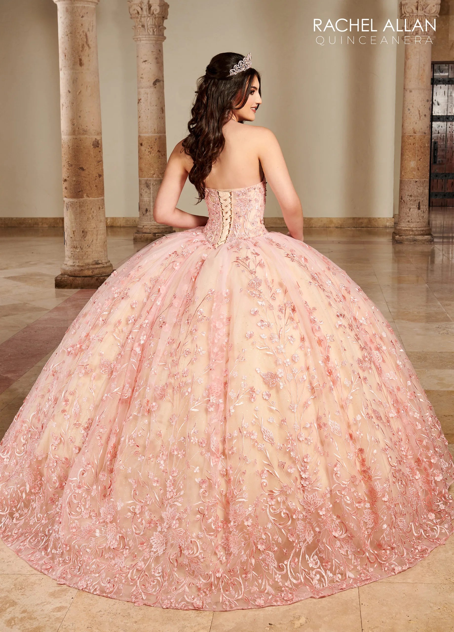 Blush Champagne Sweetheart Floor-Length Glitter Tulle Quinceañera Gown with Detachable Puff Sleeves and Bolero Jacket Rachel Allan RQ1123