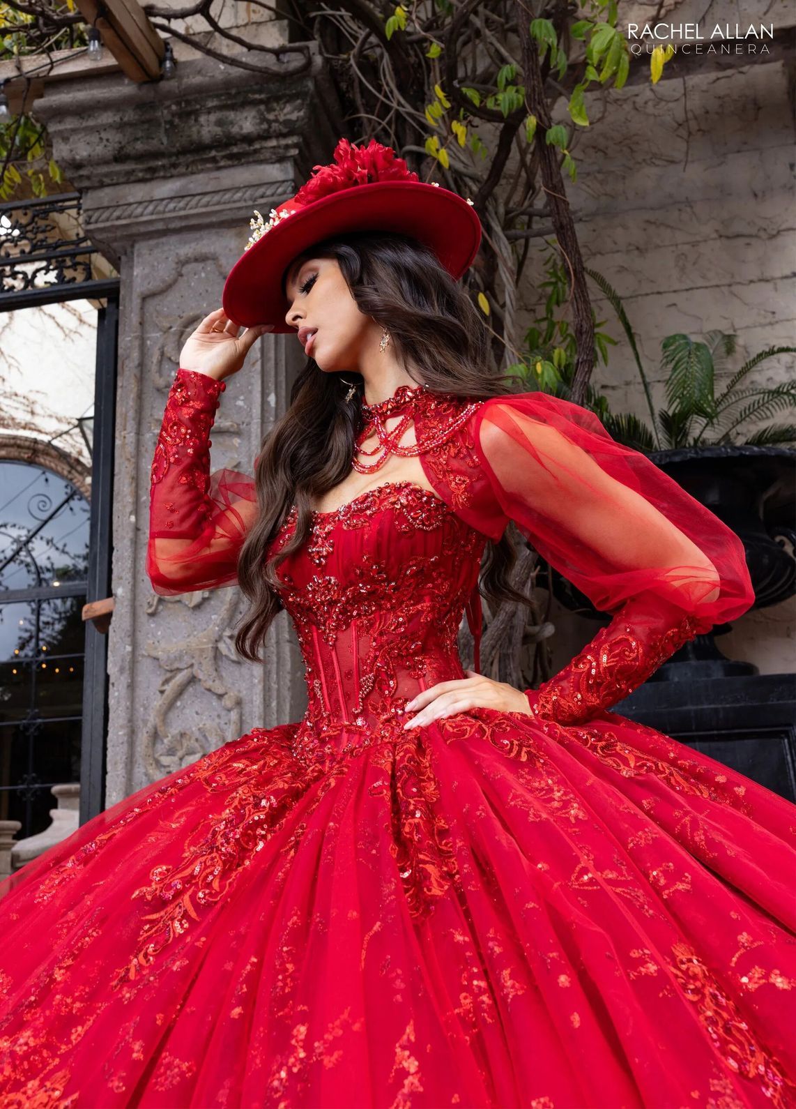 Deep Red High Neck Floor Length Glitter Tulle Quinceanera Ball Gown with Detachable Sleeves Rachel Allan RQ1172
