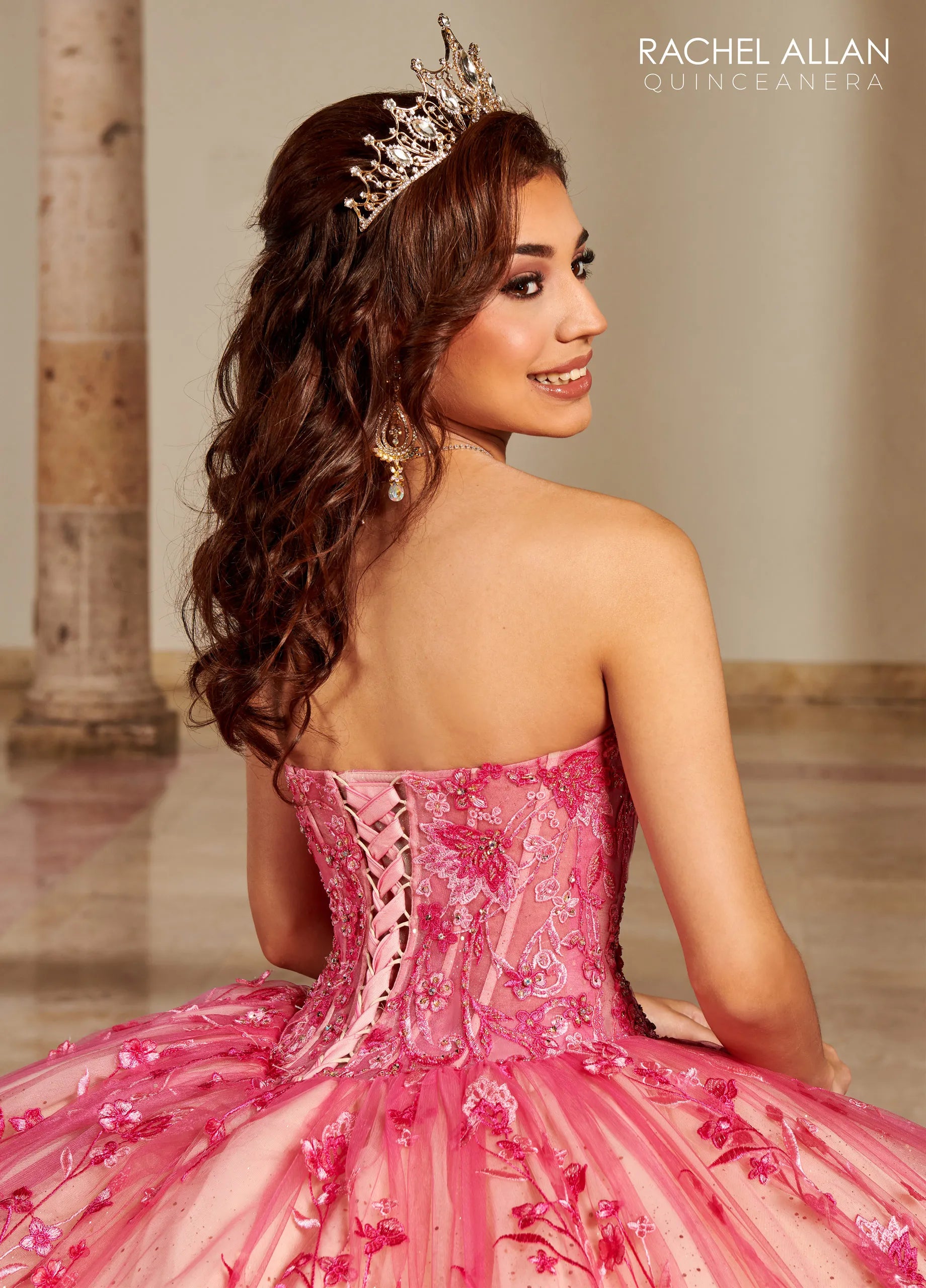 Fuchsia Champagne Sweetheart Floor-Length Glitter Tulle Quinceañera Gown with Detachable Puff Sleeves and Bolero Jacket Rachel Allan RQ1123