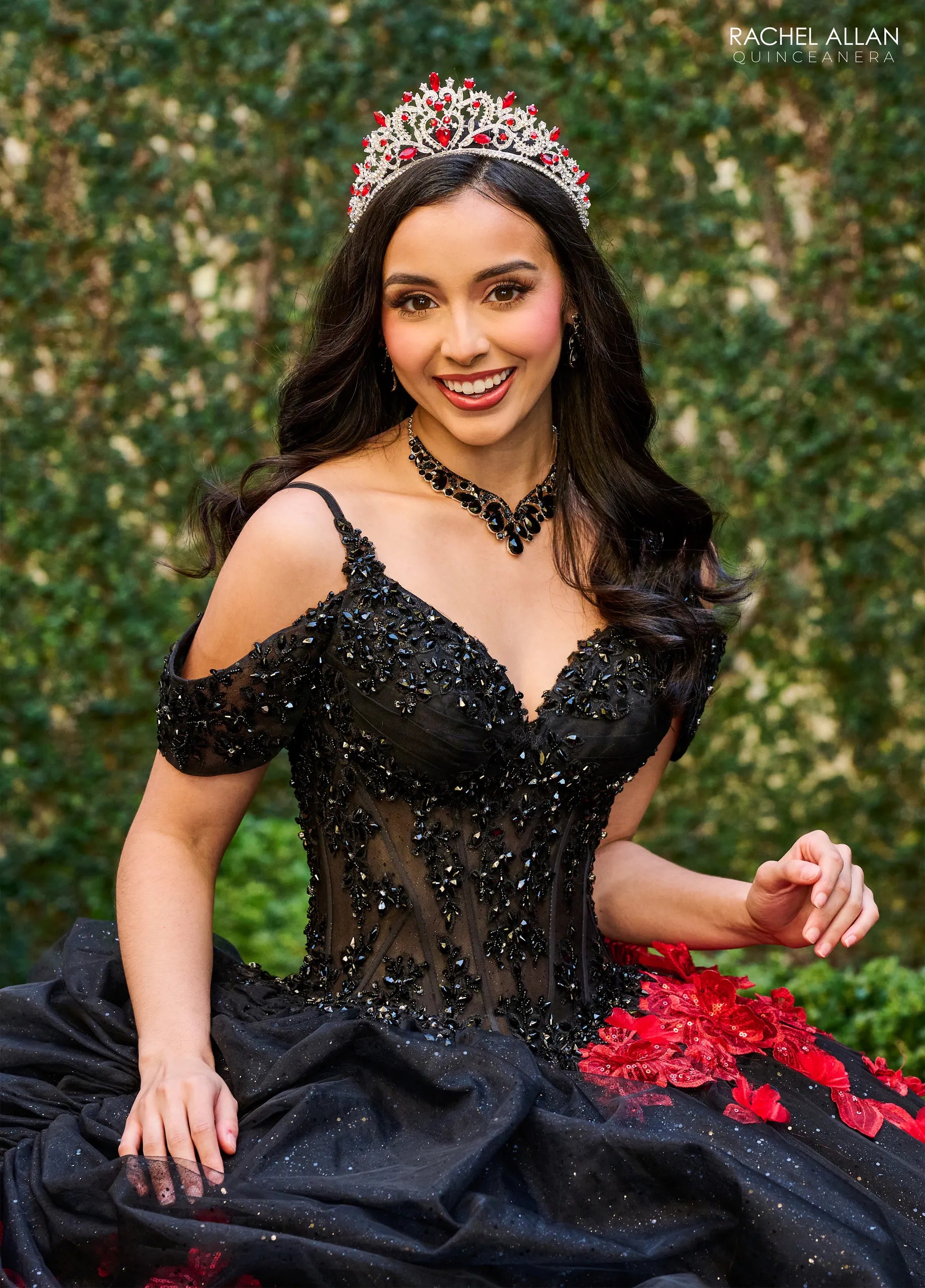 Black Red Sweetheart Floor Length Tulle Quinceanera Ball Gown with Floral Applique Cape Rachel Allan RQ1144