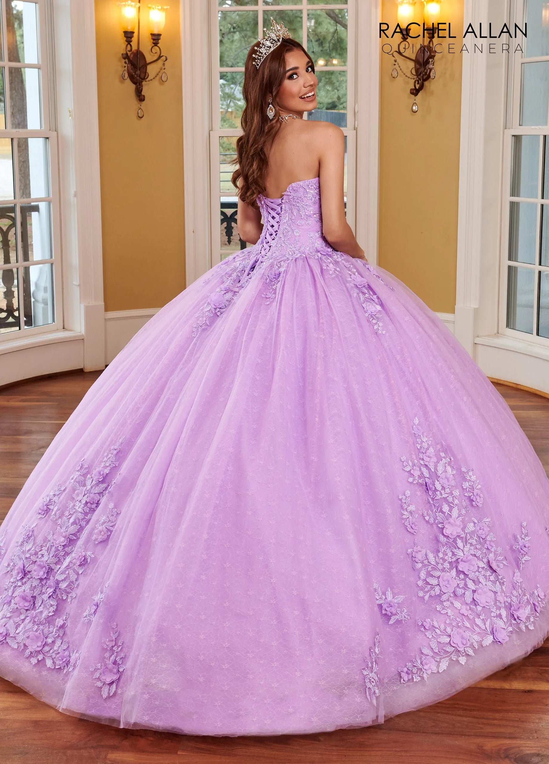 Lilac Off-the-Shoulder Floor-Length Glitter Tulle Quinceanera Ball Gown with Lace Applique Rachel Allan RQ1112