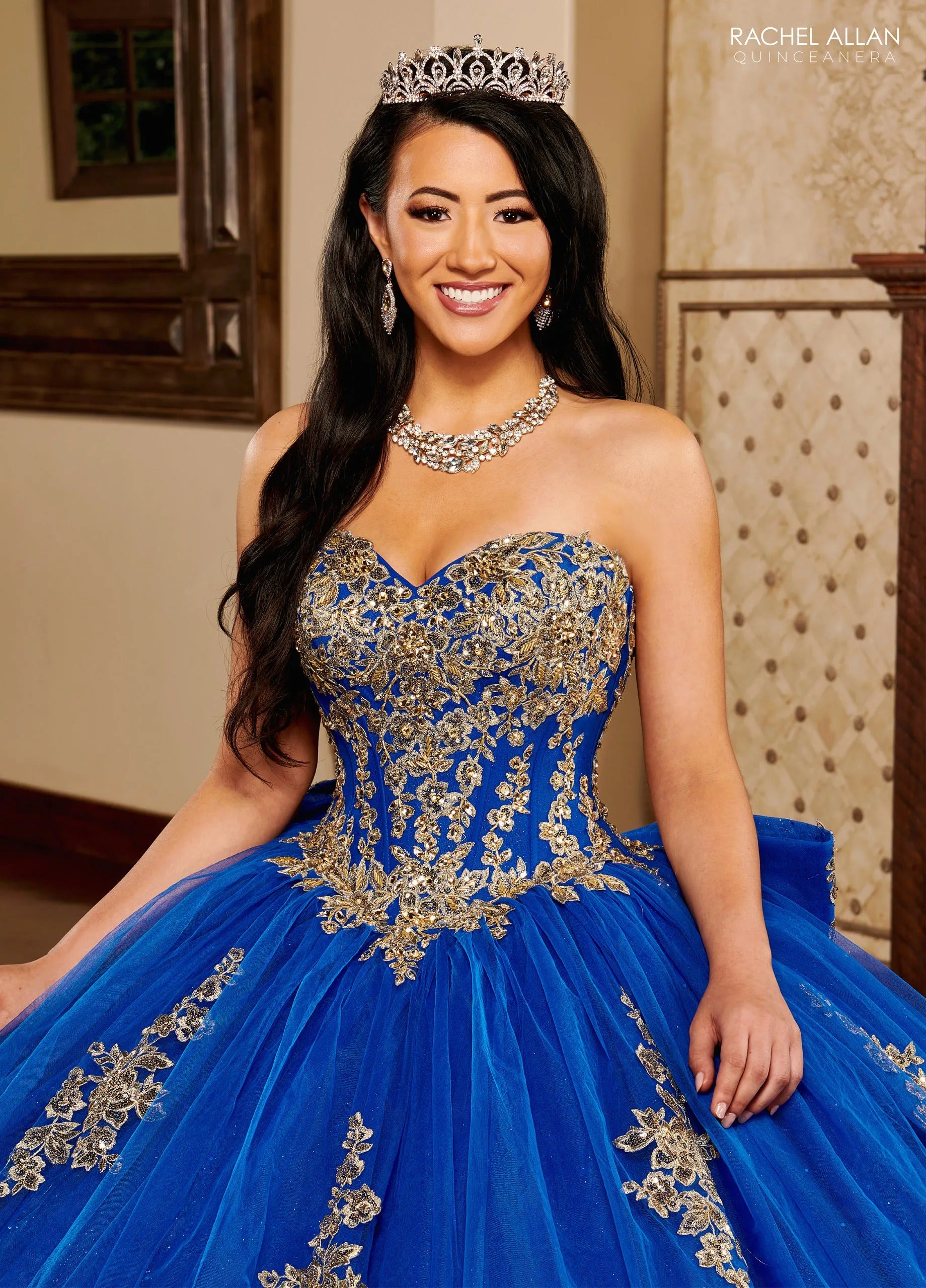 Royal Gold Sweetheart Floor Length Glitter Tulle Quinceanera Ball Gown with Corset Back Rachel Allan MQ1109