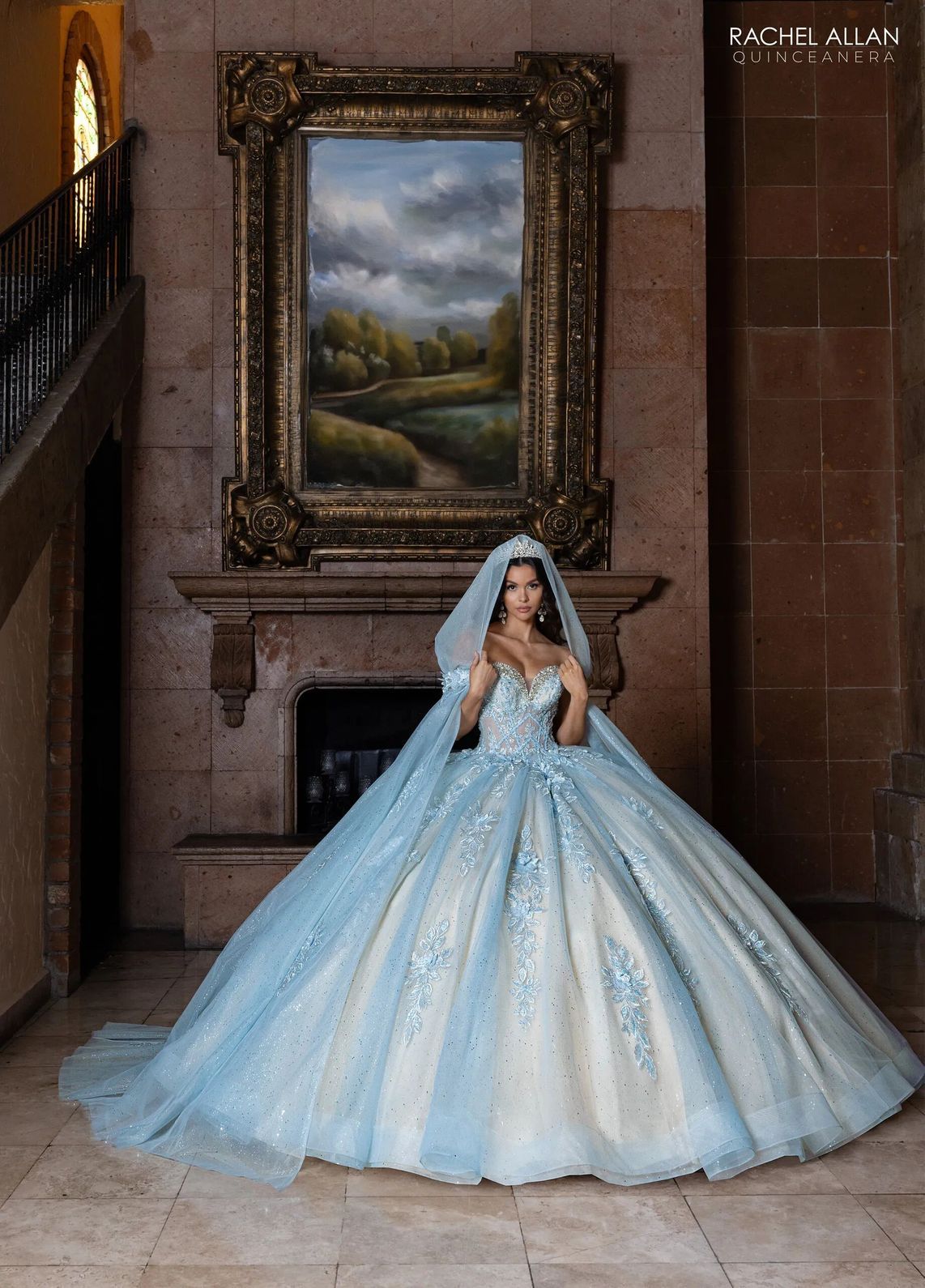 Powder Blue Champagne Sweetheart Floor Length Glitter Tulle Quinceanera Ball Gown with Floral Applique Rachel Allan RQ1166
