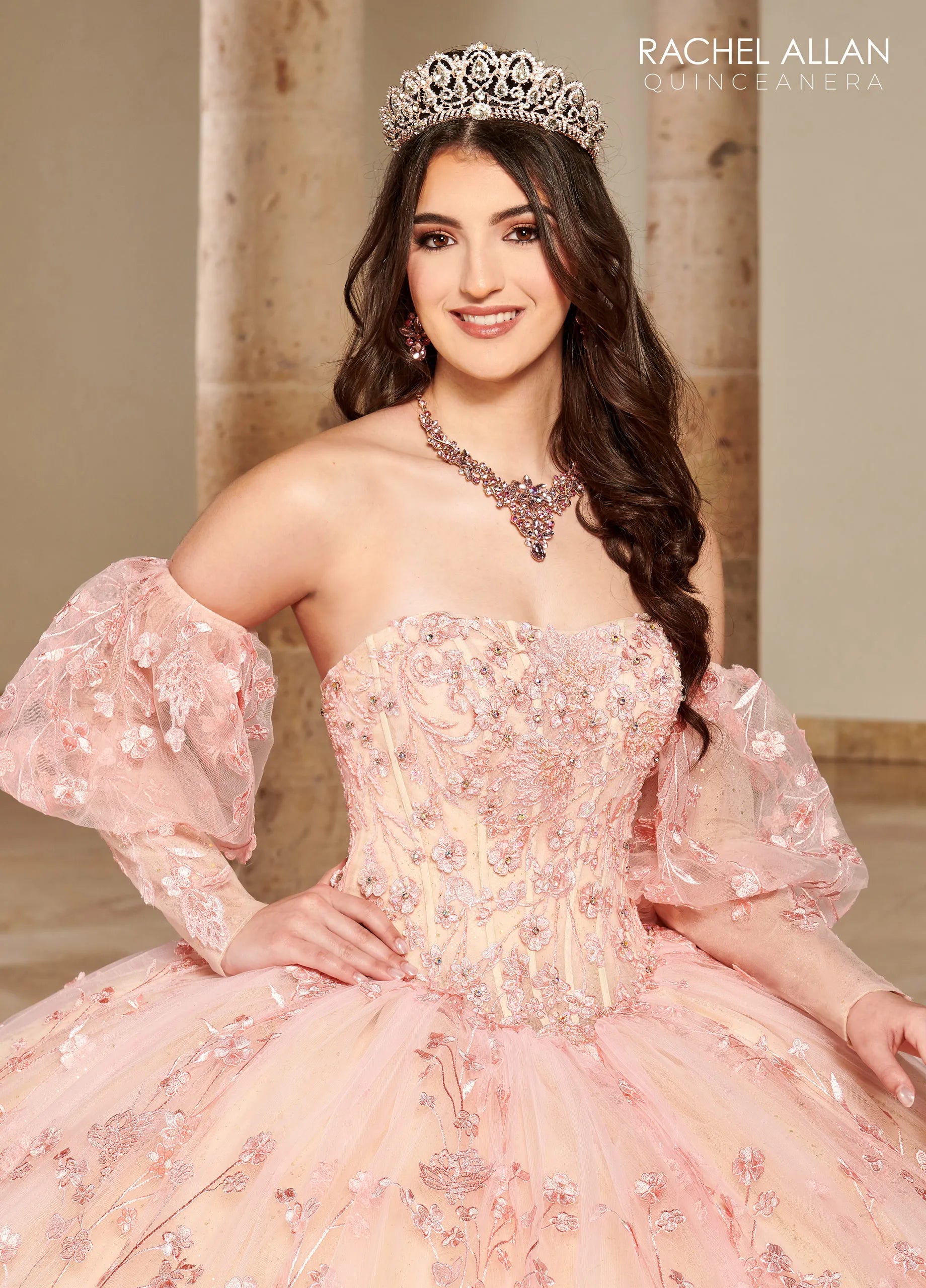 Blush Champagne Sweetheart Floor-Length Glitter Tulle Quinceañera Gown with Detachable Puff Sleeves and Bolero Jacket Rachel Allan RQ1123