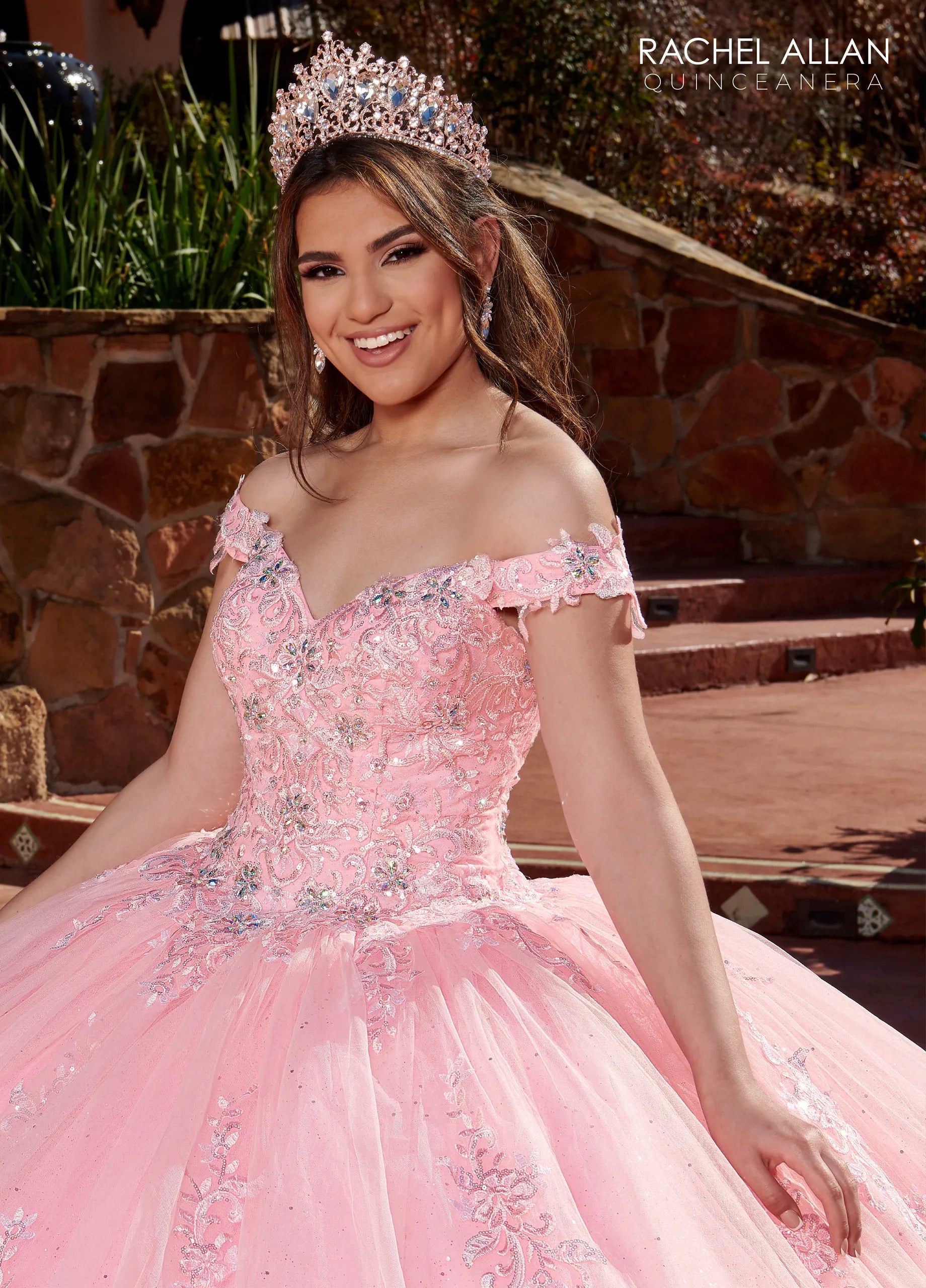 Pink Off-the-Shoulder Floor-Length Glitter Tulle Quinceañera Gown with Lace Appliqué Beading and Lace-Up Back Rachel Allan RQ1121