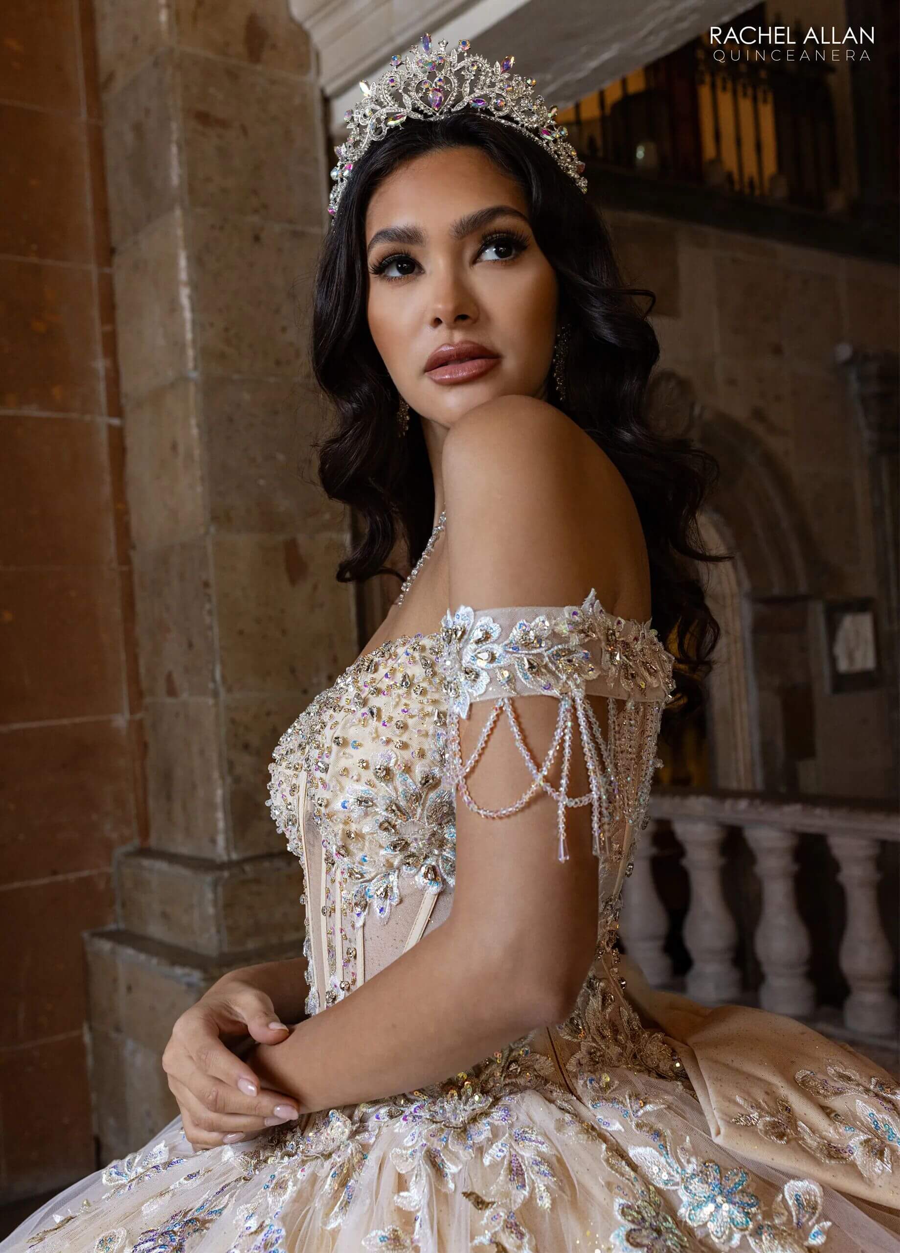 Ivory Champagne Sweetheart Floor Length Glitter Tulle Quinceanera Ball Gown with Detachable Puff Sleeves and Bow Rachel Allan RQ1165