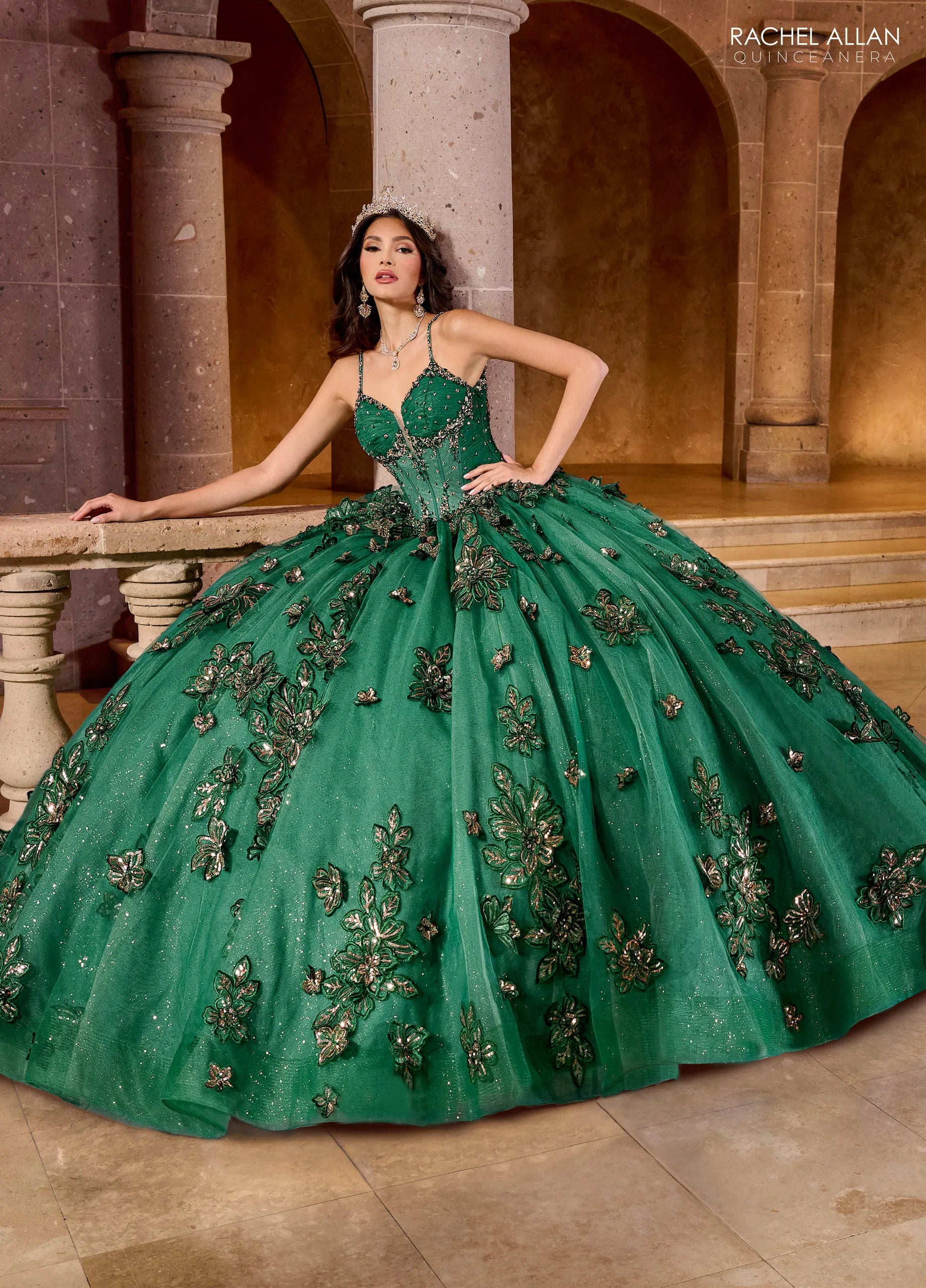 Emerald Gold Sweetheart Floor Length Glitter Tulle Quinceanera Ball Gown with Embroidery Rachel Allan RQ1149