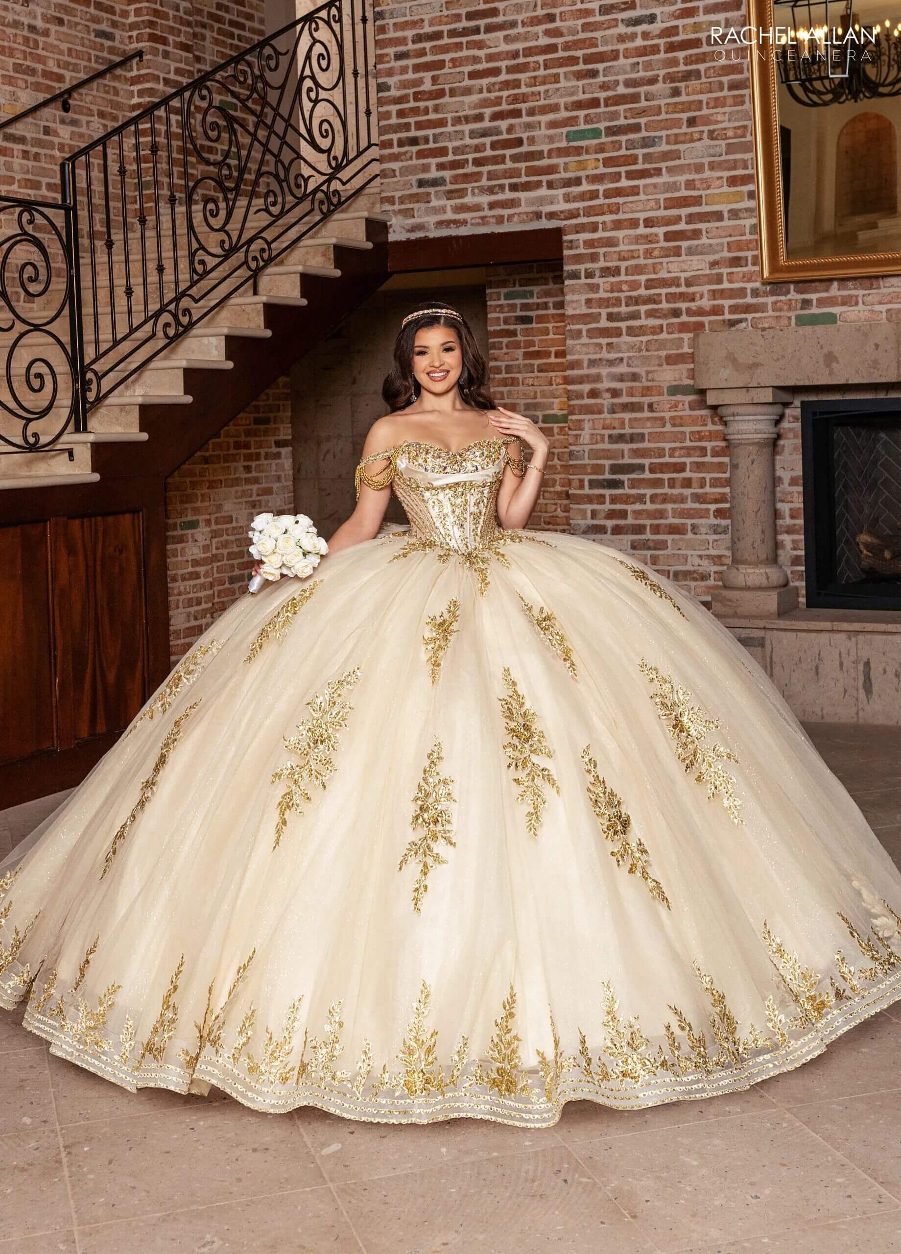 Champagne Gold Off the Shoulder Floor Length Glitter Tulle Quinceanera Ball Gown with Detachable Bow Rachel Allan RQ1187