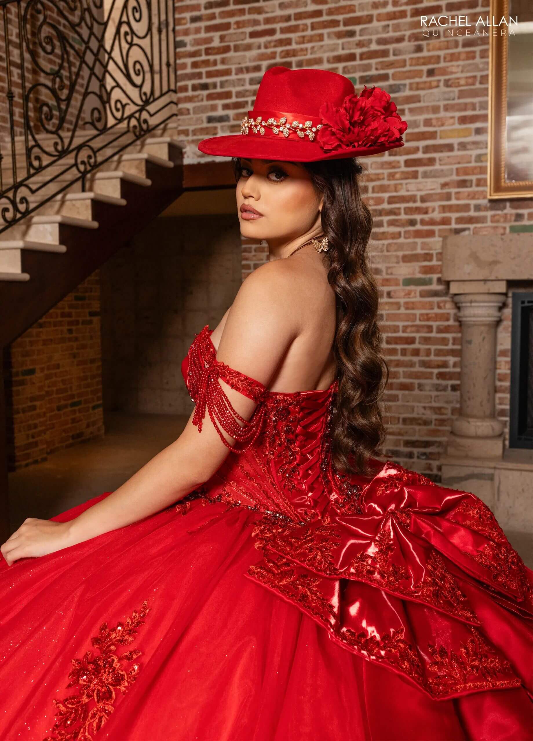 Deep Red Off the Shoulder Floor Length Glitter Tulle Quinceanera Ball Gown with Detachable Bow Rachel Allan RQ1187
