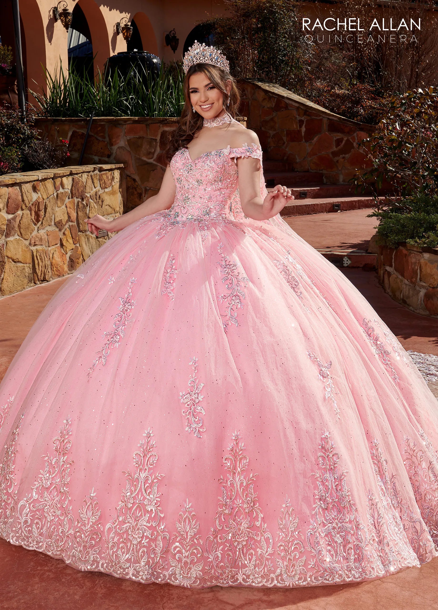 Pink Off-the-Shoulder Floor-Length Glitter Tulle Quinceañera Gown with Lace Appliqué Beading and Lace-Up Back Rachel Allan RQ1121