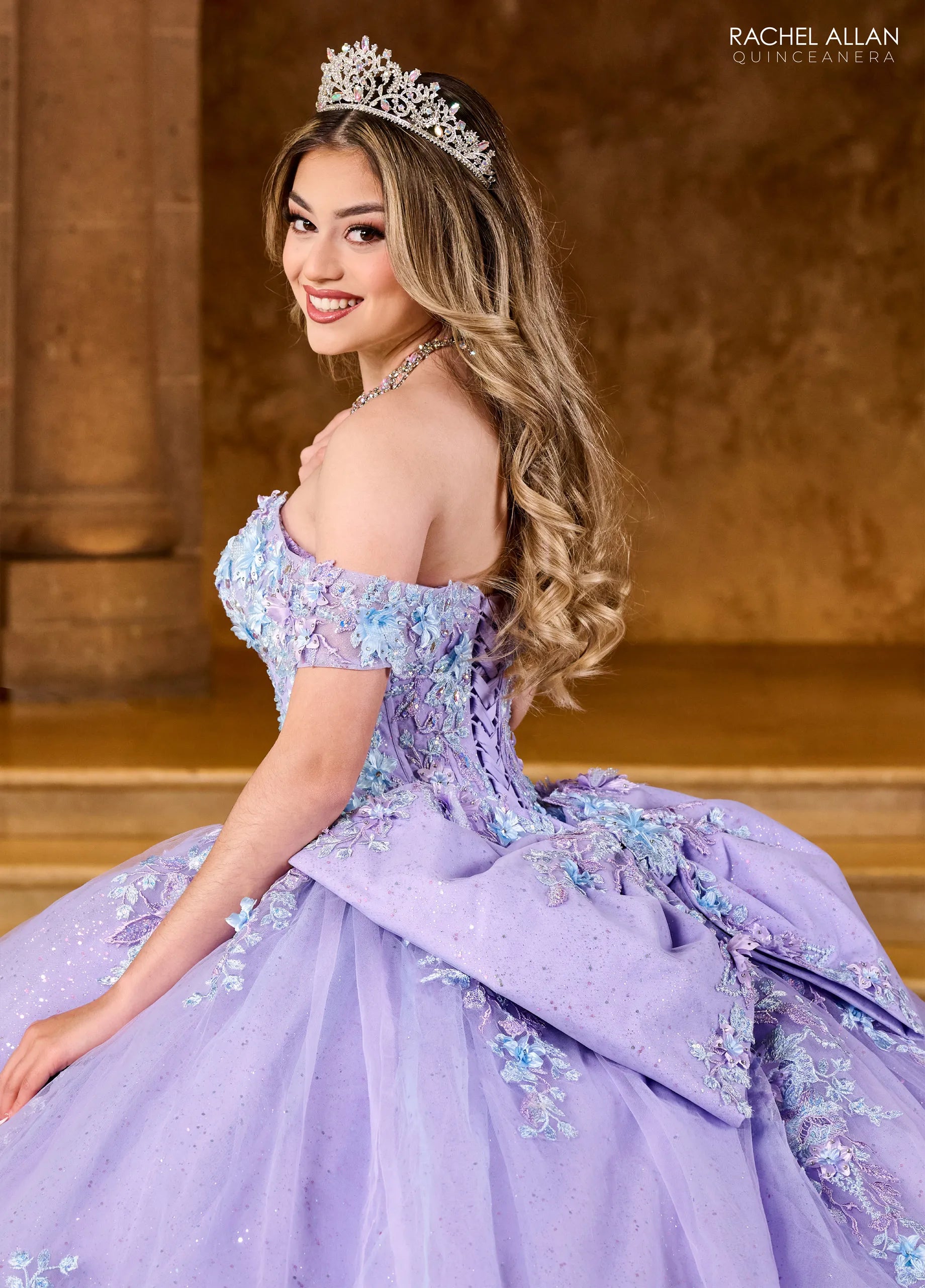 Lilac Multi Off the Shoulder Floor Length Glitter Tulle Quinceanera Ball Gown with Floral Embroidery Rachel Allan RQ1153