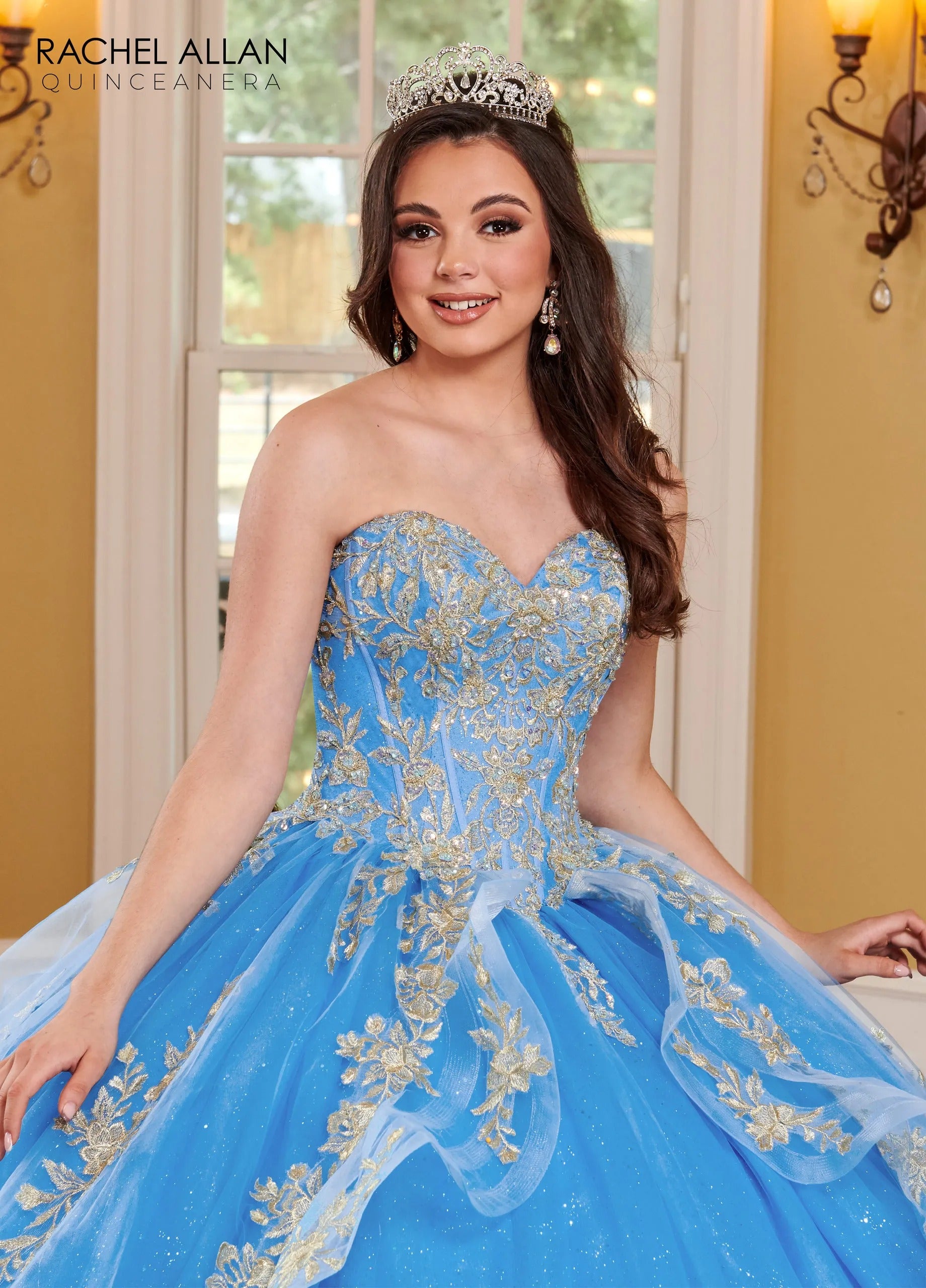 Azure Gold Sweetheart Floor Length Glitter Tulle Quinceanera Ball Gown with Corset Bodice Rachel Allan MQ1118