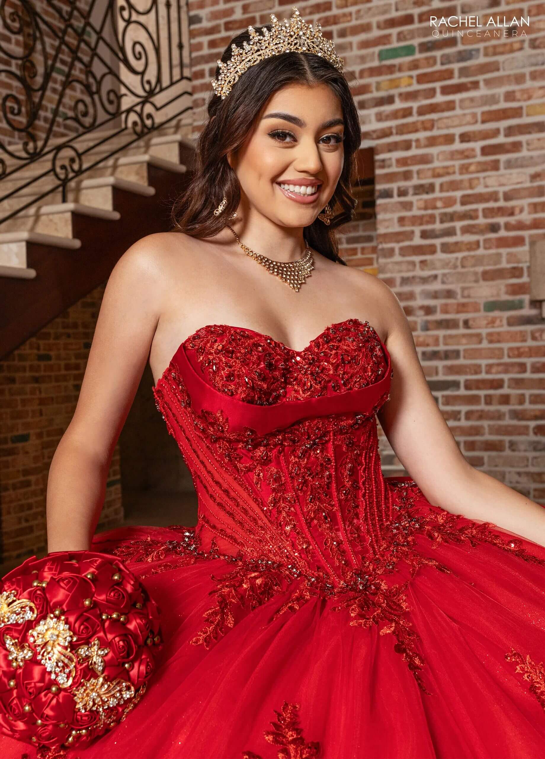 Deep Red Off the Shoulder Floor Length Glitter Tulle Quinceanera Ball Gown with Detachable Bow Rachel Allan RQ1187