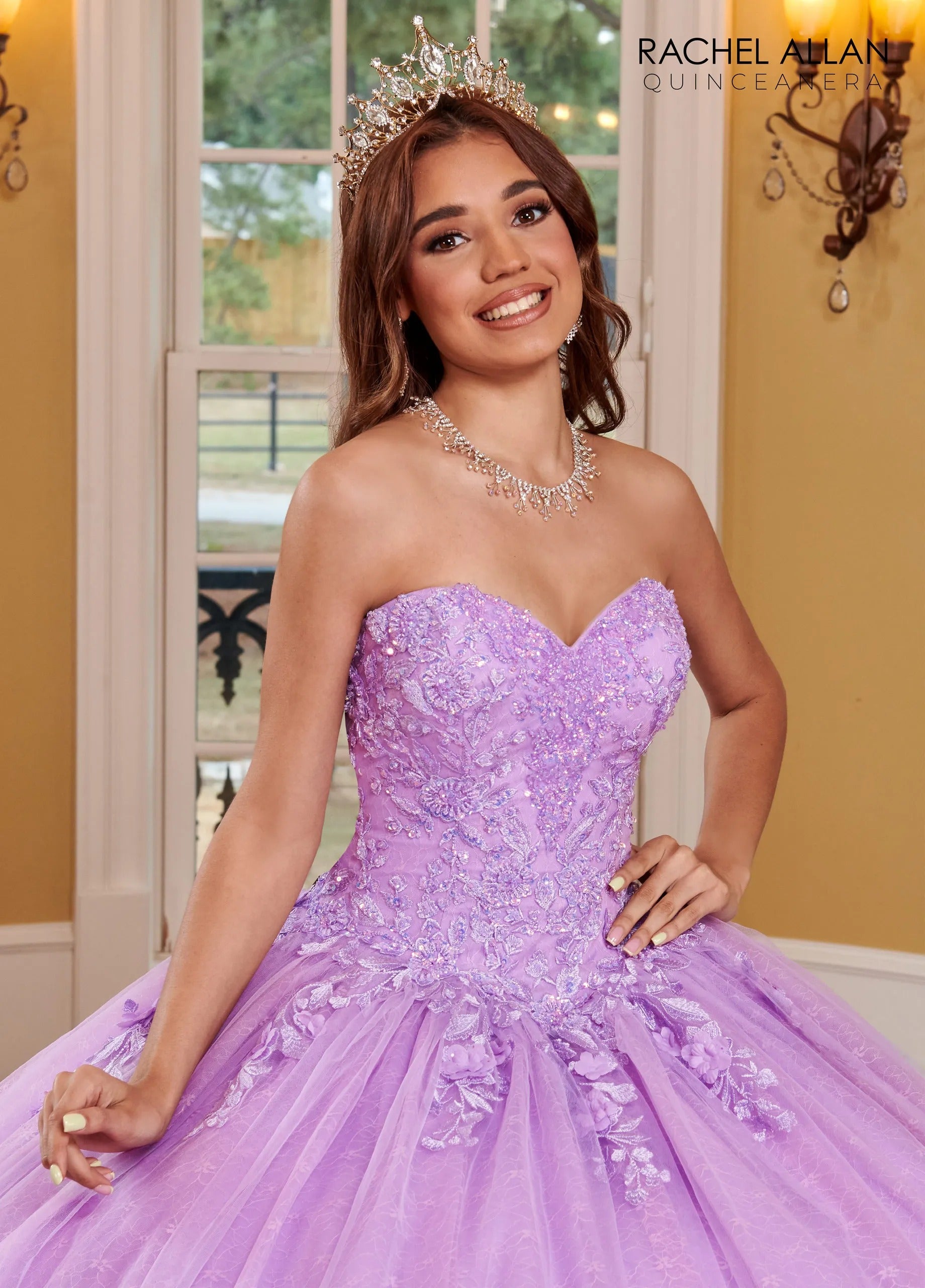 Lilac Off-the-Shoulder Floor-Length Glitter Tulle Quinceanera Ball Gown with Lace Applique Rachel Allan RQ1112