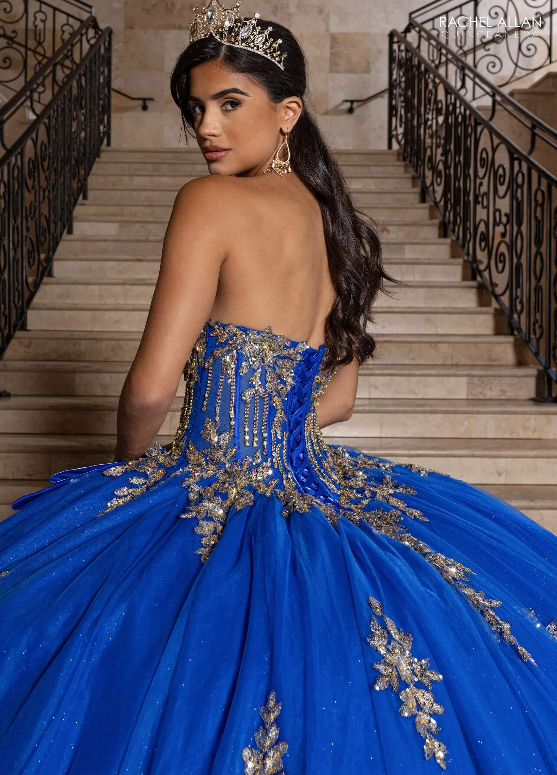 Royal Gold One Shoulder Floor Length Glitter Tulle Quinceanera Ball Gown with Peplum Overskirt Rachel Allan RQ1186