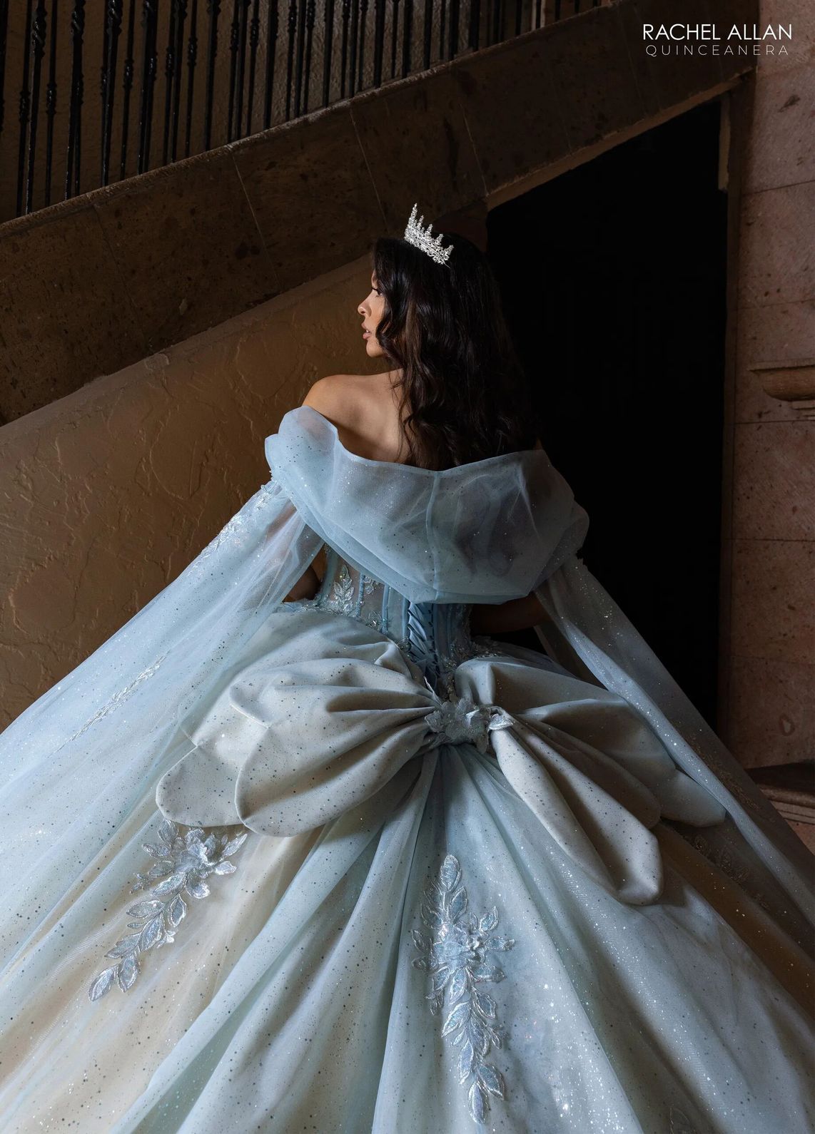 Powder Blue Champagne Sweetheart Floor Length Glitter Tulle Quinceanera Ball Gown with Floral Applique Rachel Allan RQ1166
