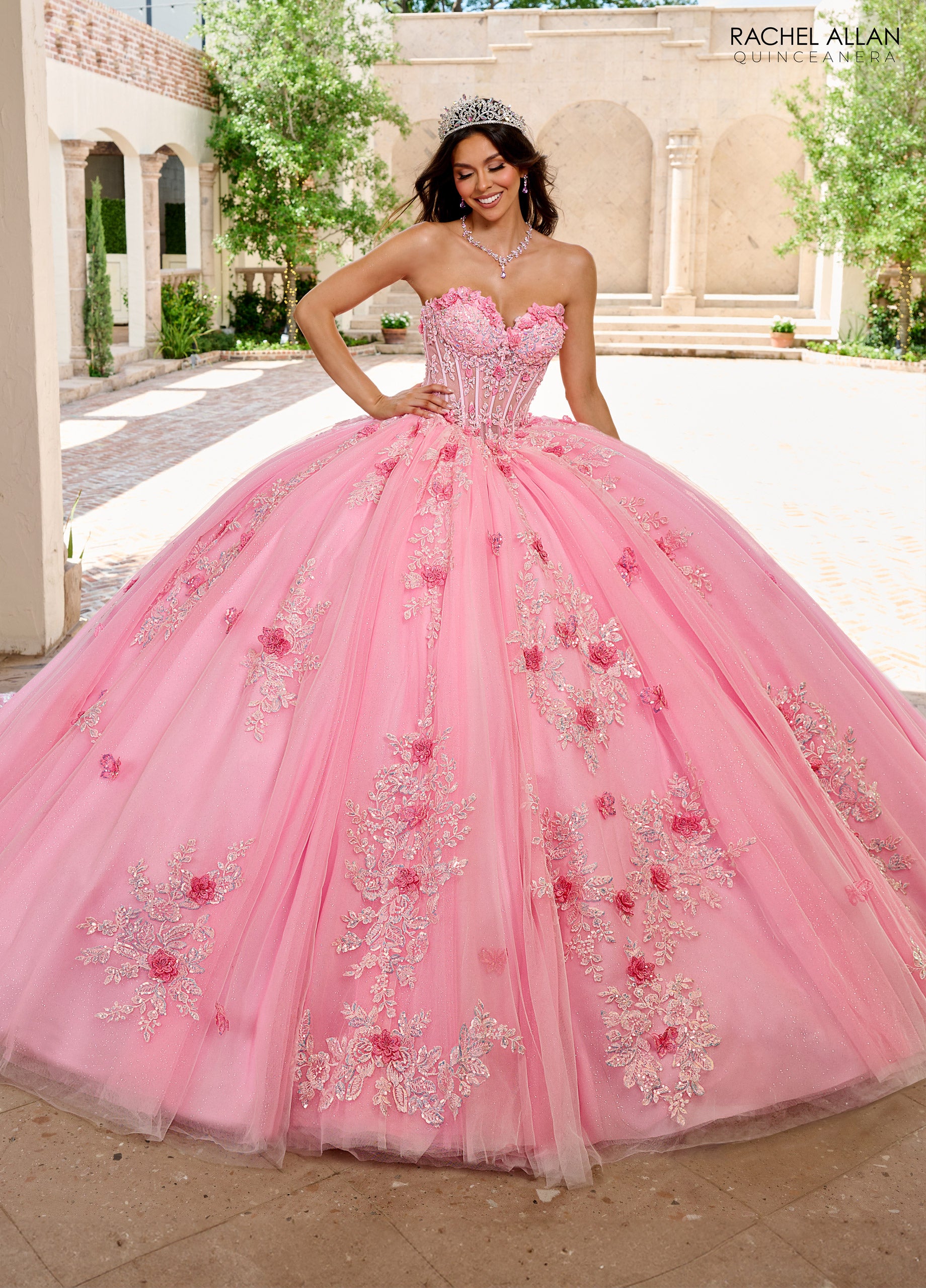 Rachel Allan RQ1155 Long Ball Gown Lace Floral Glitter Quinceanera Dress