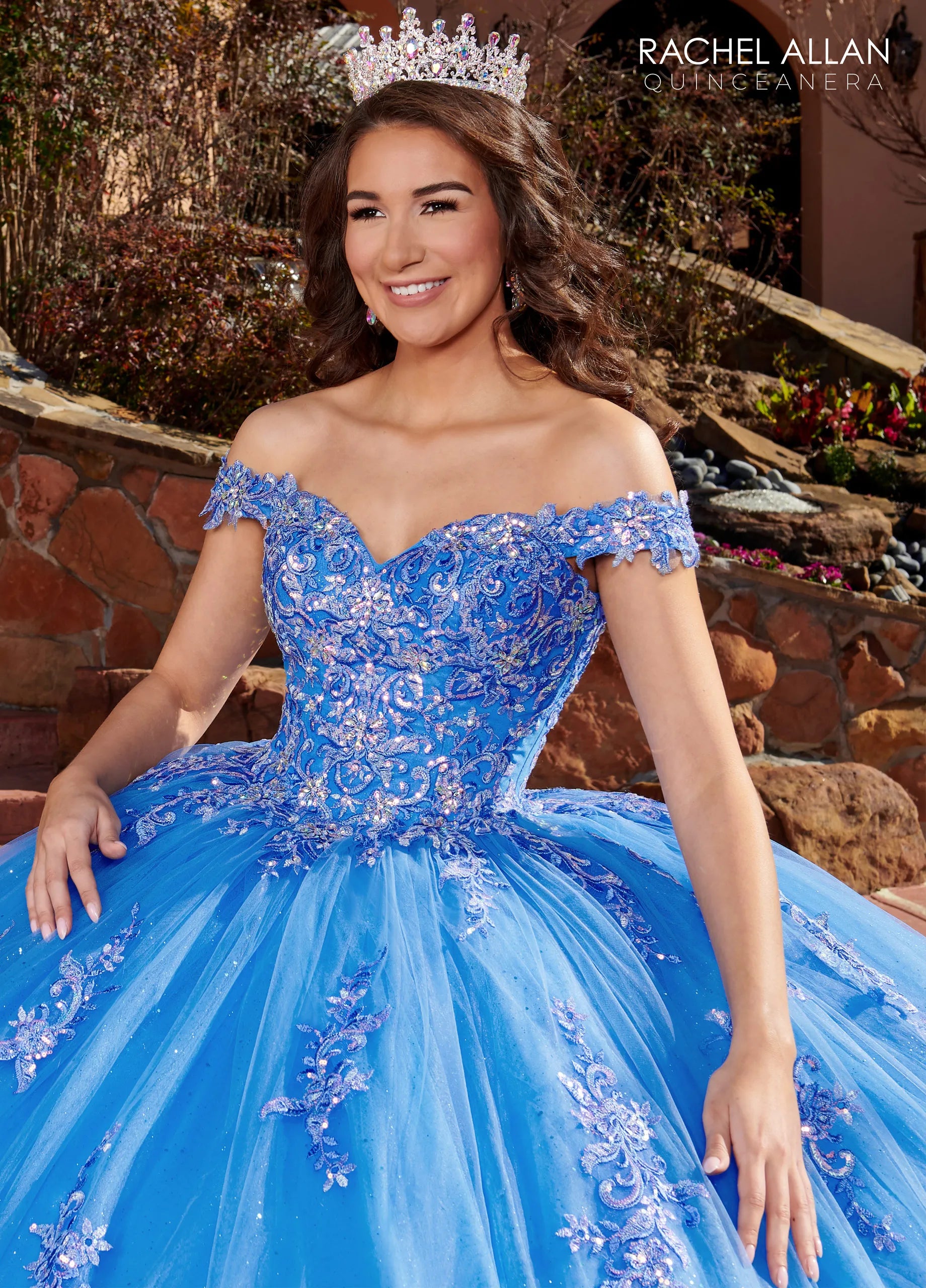 Azure Off-the-Shoulder Floor-Length Glitter Tulle Quinceañera Gown with Lace Appliqué Beading and Lace-Up Back Rachel Allan RQ1121