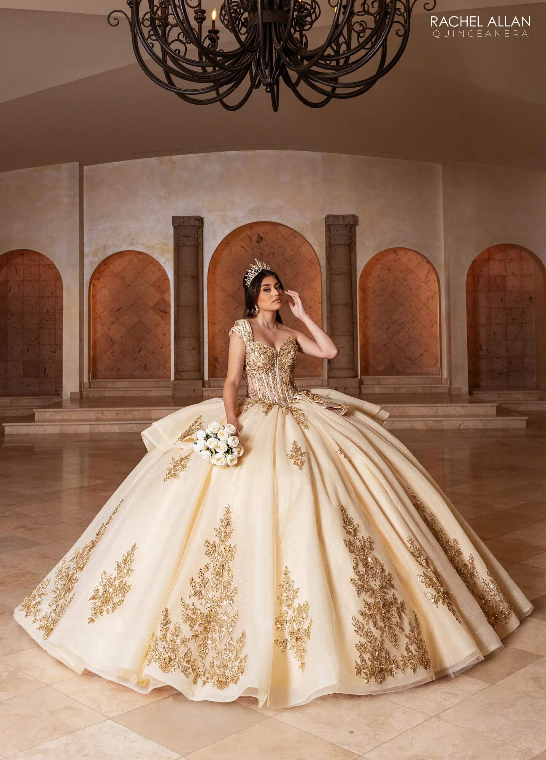 Champagne Gold One Shoulder Floor Length Glitter Tulle Quinceanera Ball Gown with Peplum Overskirt Rachel Allan RQ1186