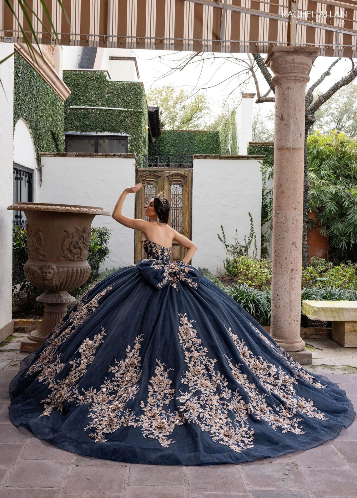 Navy Rose Gold Sweetheart Floor Length Glitter Tulle Quinceanera Ball Gown with 3D Floral Applique Rachel Allan RQ1168